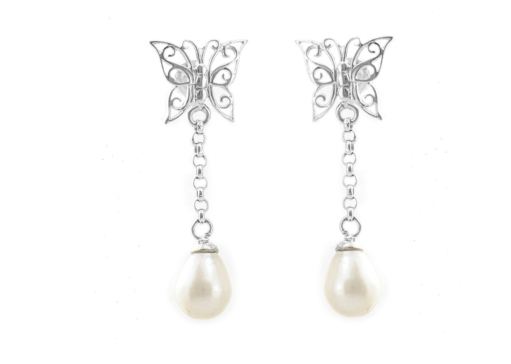 14K White Gold Pearl Bridal Earrings – Elegant Butterfly Lace Dangle Earrings for Weddings, Prom & Formal Events | Women's Luxury Jewelry Gift