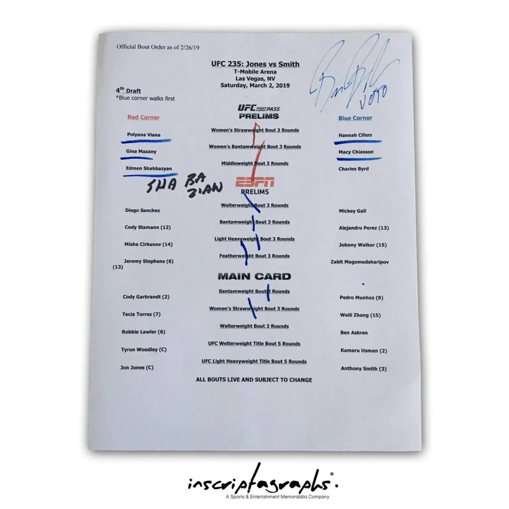 Bruce Buffer UFC 235 Official Bout Order List Card - Authentic Event Used Memorabilia from Jon Jones Fight | Perfect for MMA Collectors and UFC Fan Displays