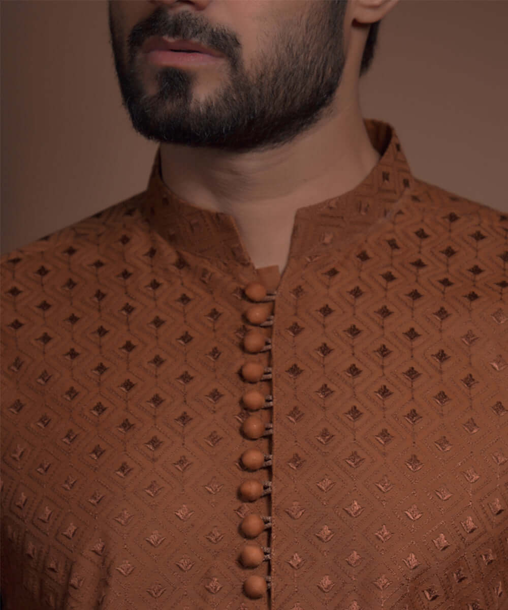 Burnt Sienna Brown Diamond Textured Kurta for Women | Traditional Indian Embroidered Tunic Top | Perfect for Festivals, Weddings & Cultural Events