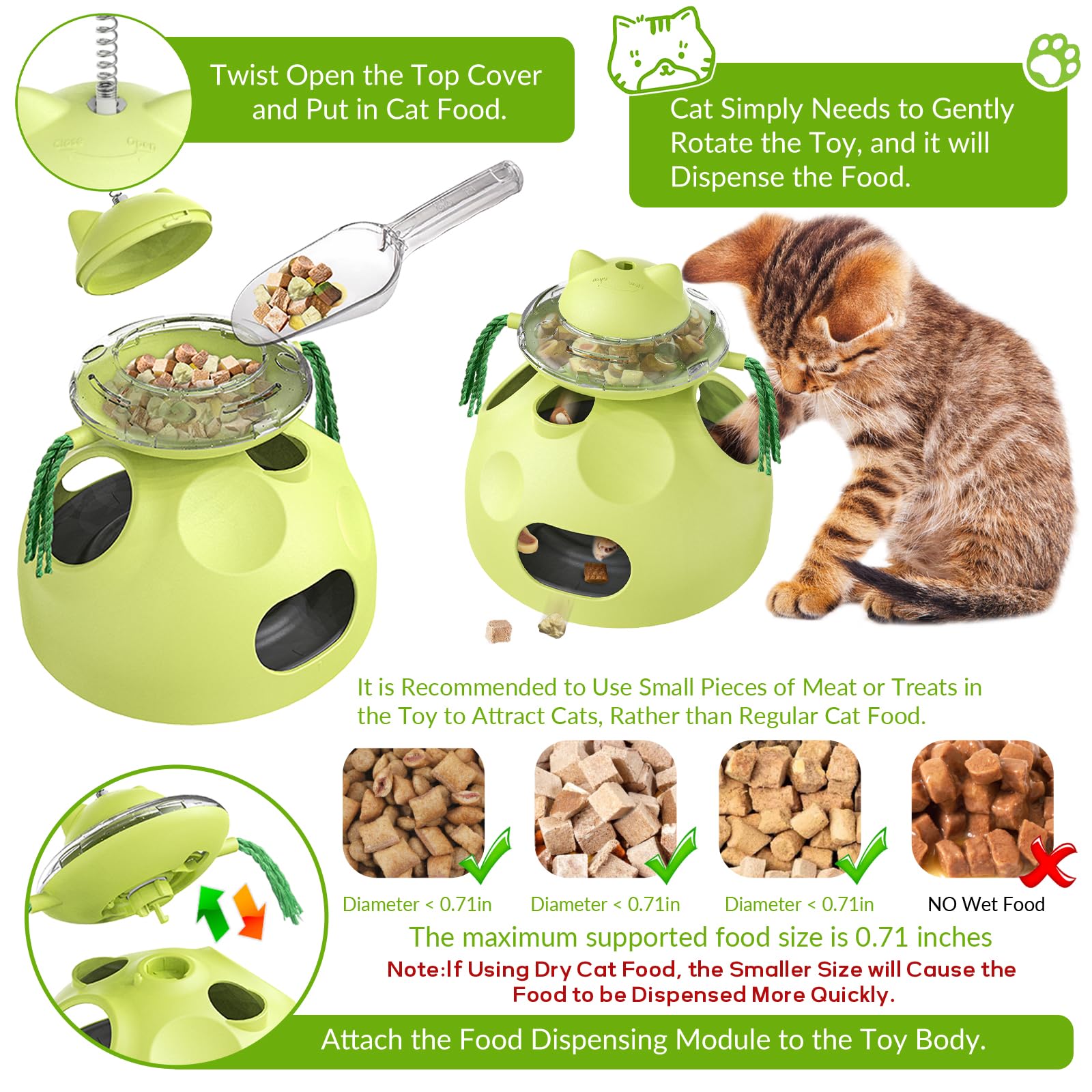 Interactive Cat Toys for Indoor Cats - Kitten Wand Toy with Funny Balls, Slow Feeder Food Puzzle & Treat Dispenser - Rotation Hole-Digging Games for Mental Stimulation - Perfect Birthday Gift for Playful Kitties (Green, Large) - Great for Solo Play, Bonding Time & Reducing Boredom in Small Spaces