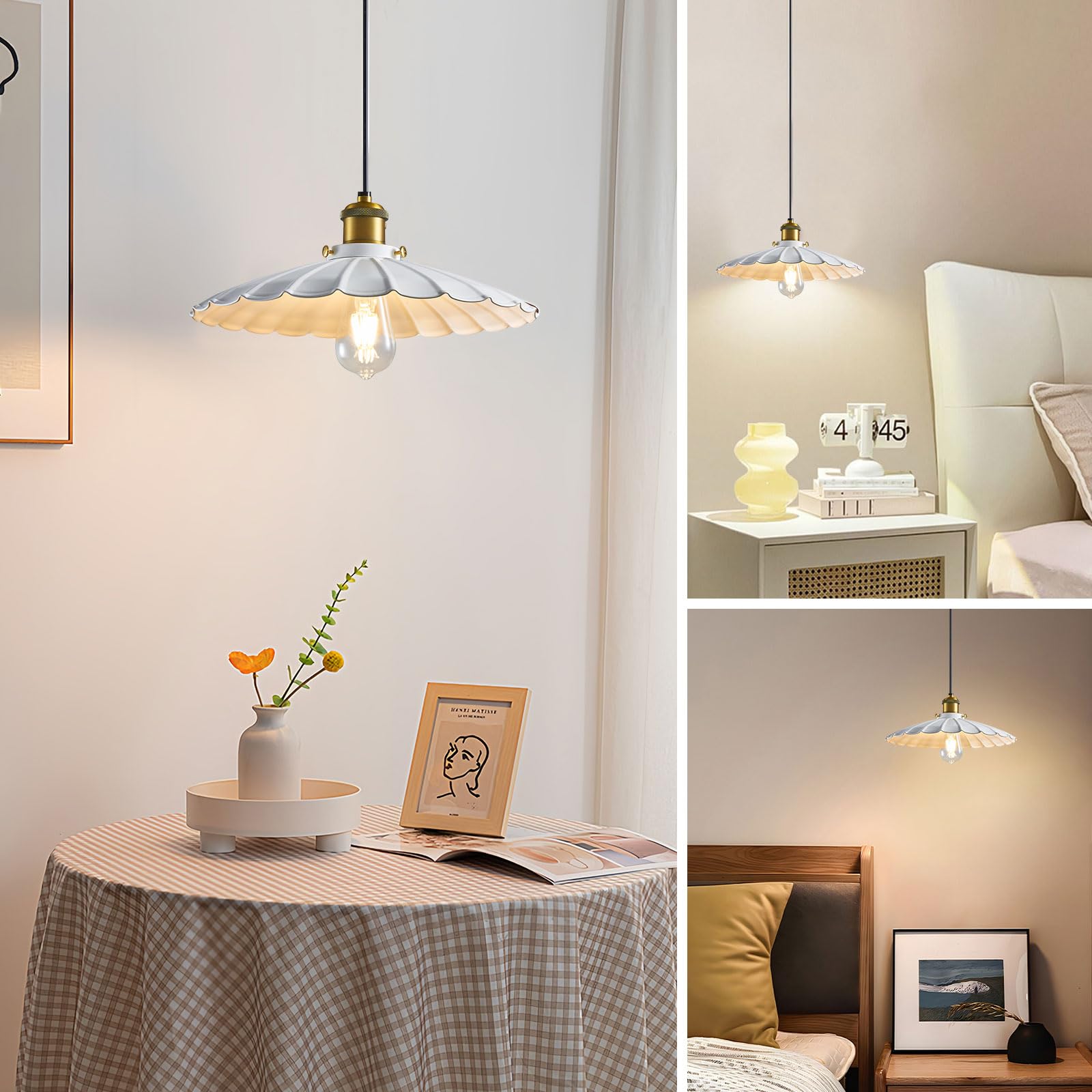 White Farmhouse Pendant Lights for Kitchen Island - 15.7 Inch Adjustable Retro Lampshade with Light Cord, Perfect for Modern and Rustic Kitchen Decor