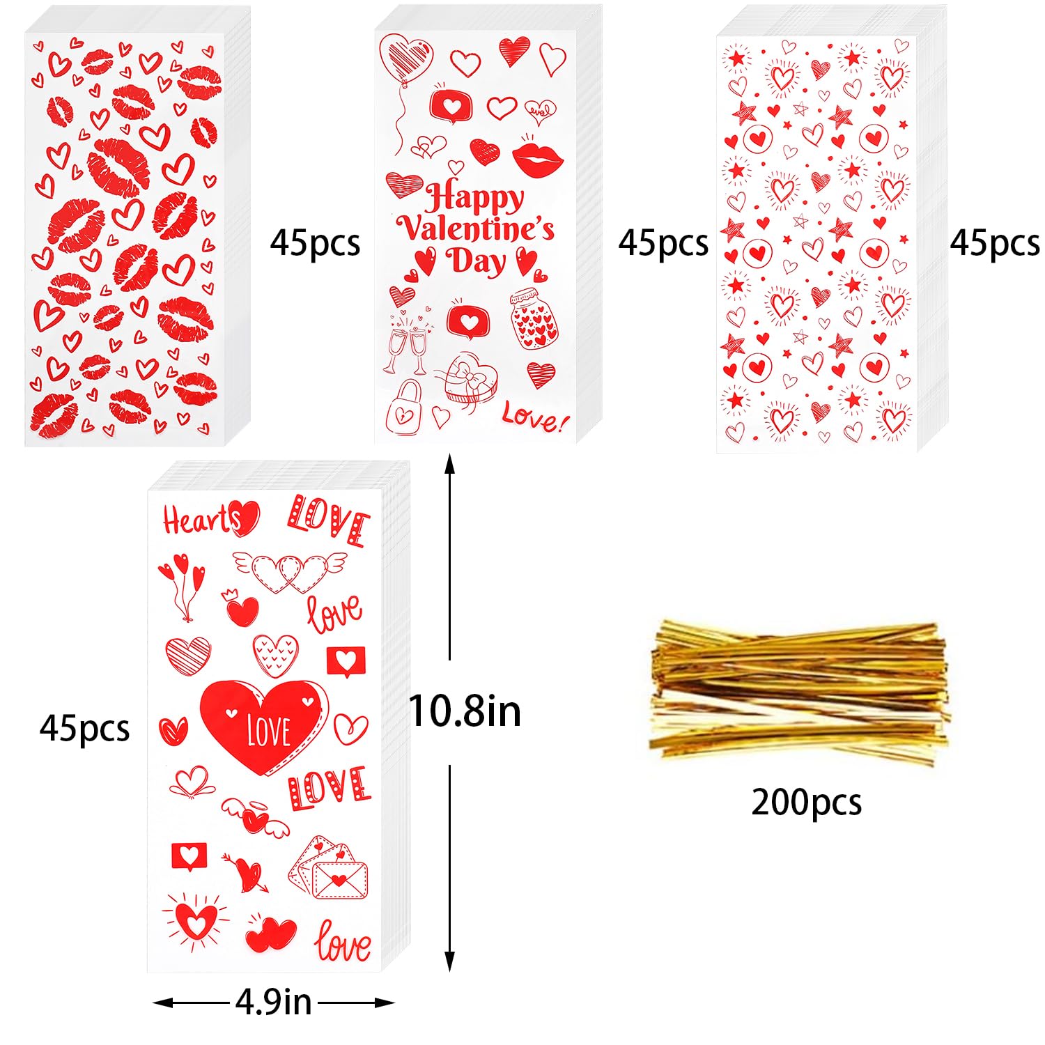 ONFAON Valentine's Day Goodie Bags - 180pcs Candy Treat Bags with 200pcs Twist Ties for Snacks, Cookies & Candy Packaging | Perfect for Classroom Parties, Kids & Coworkers | Great for Valentine's Gifts, School Events & Office Celebrations