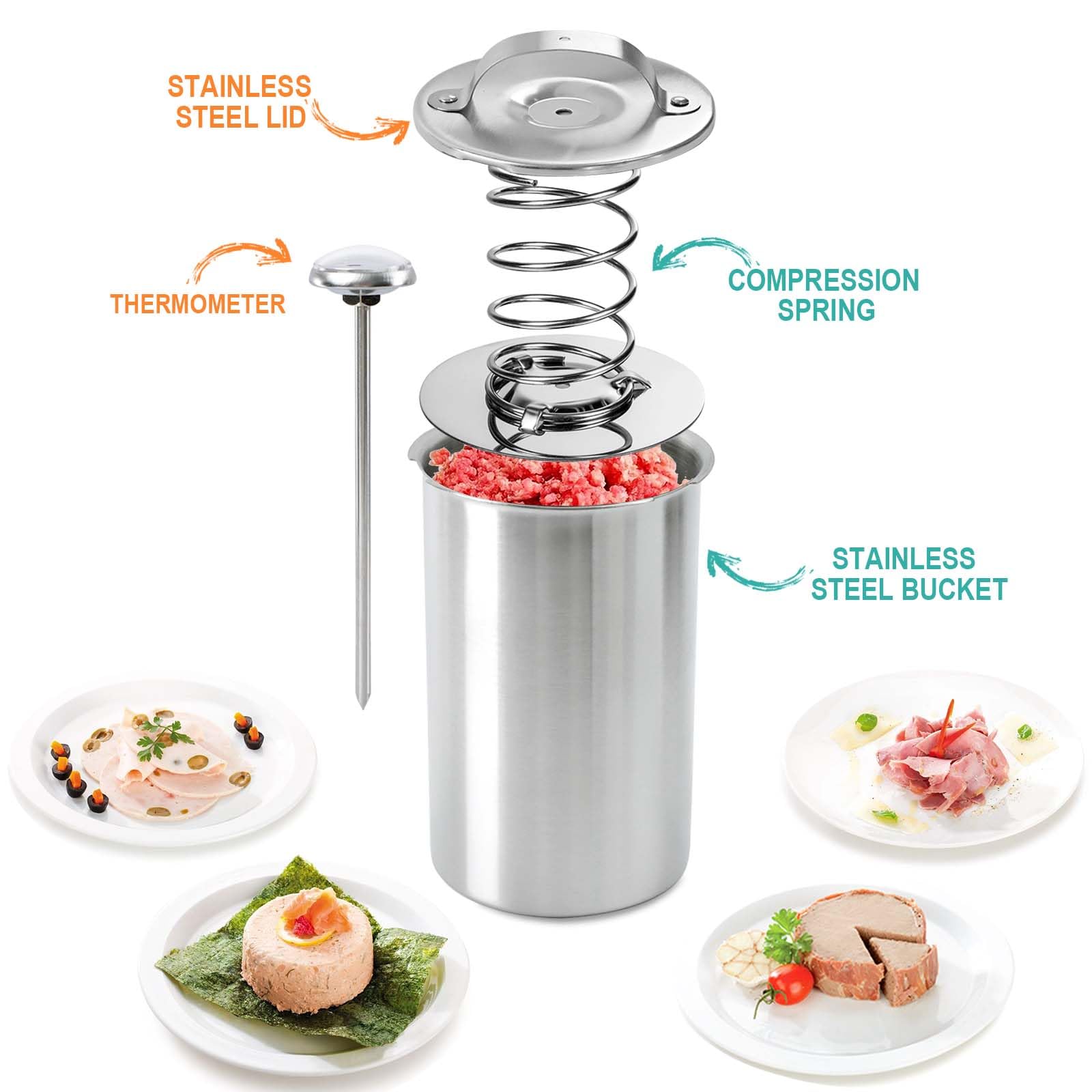 Stainless Steel Ham Press Maker with Thermometer - Deli Meat Press Mold for Homemade Lunch Meat, Sausage & Bacon - Perfect for Kitchen, BBQ, Camping & Meal Prep