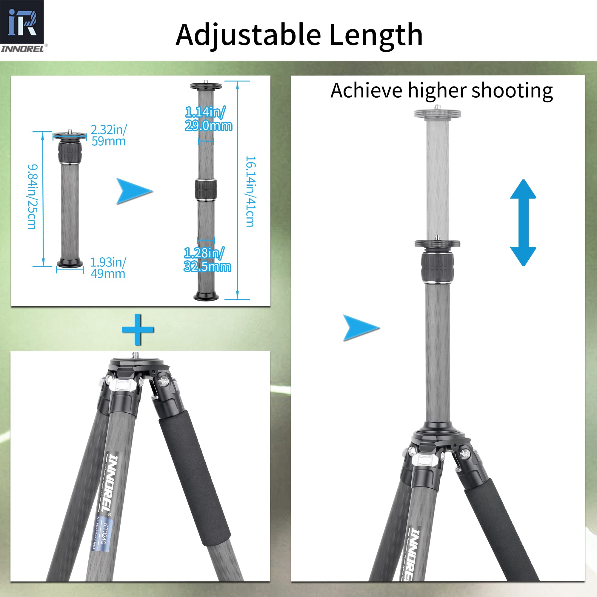 INNOREL ER322C Carbon Fiber Tripod Extension Pole - 10-Layer, 32.5mm Tube, 55lbs Capacity, 3/8