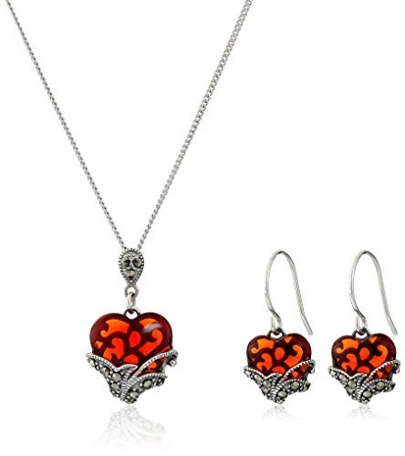 Sterling Silver Marcasite Red Glass Heart Earrings & Necklace Set - Elegant Jewelry Gift for Women, Perfect for Valentine's Day, Anniversary or Special Occasions
