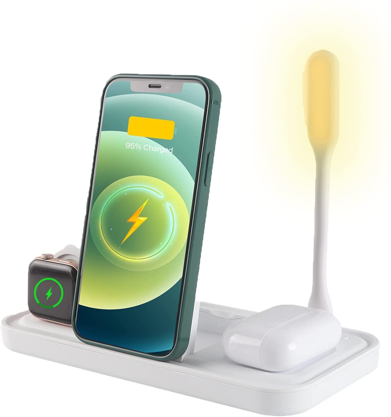 4-in-1 Super Space Wireless Charging Station with Night Light - Qi Fast Charger for iPhone 13/12/11/XR/XS/X/8, Samsung Galaxy - Perfect for Bedside, Office & Travel Charging