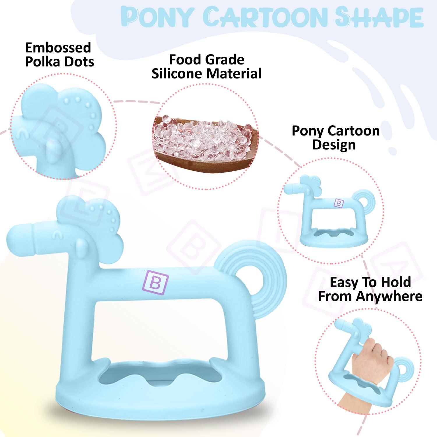 Bembika Baby Teether Toys Set - Silicone Pony, Keys & Toothbrush for Soothing Sore Gums (Blue) | Safe Chew Toys for Infants & Toddlers | Perfect for Teething Relief, Sensory Play & Early Oral Care