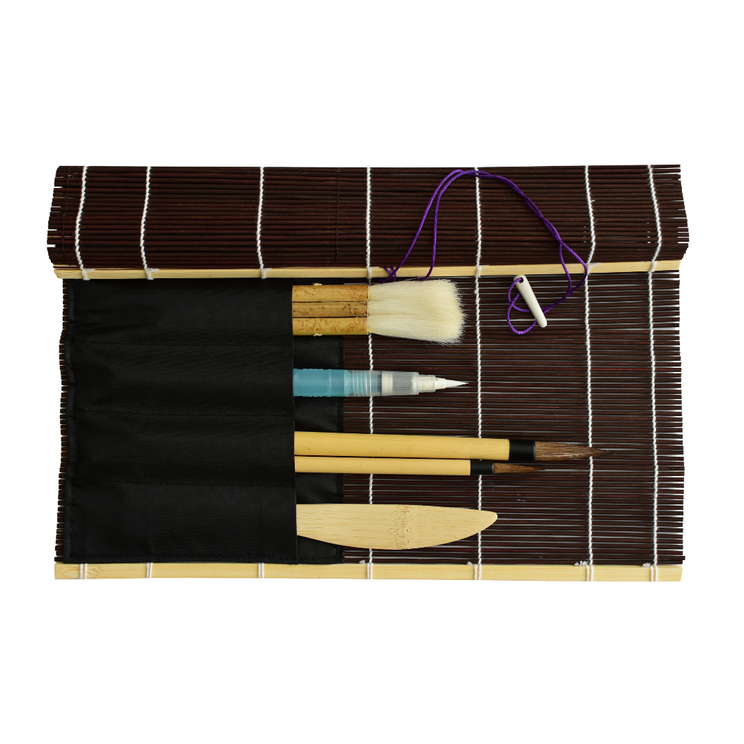 Premium Bamboo Fudemaki Roll-Up Brush Holder with Pockets - Brown (FM4A) | Perfect for Makeup Brushes, Paintbrushes & Calligraphy Pens | Organize Your Vanity, Art Studio or Travel Kit