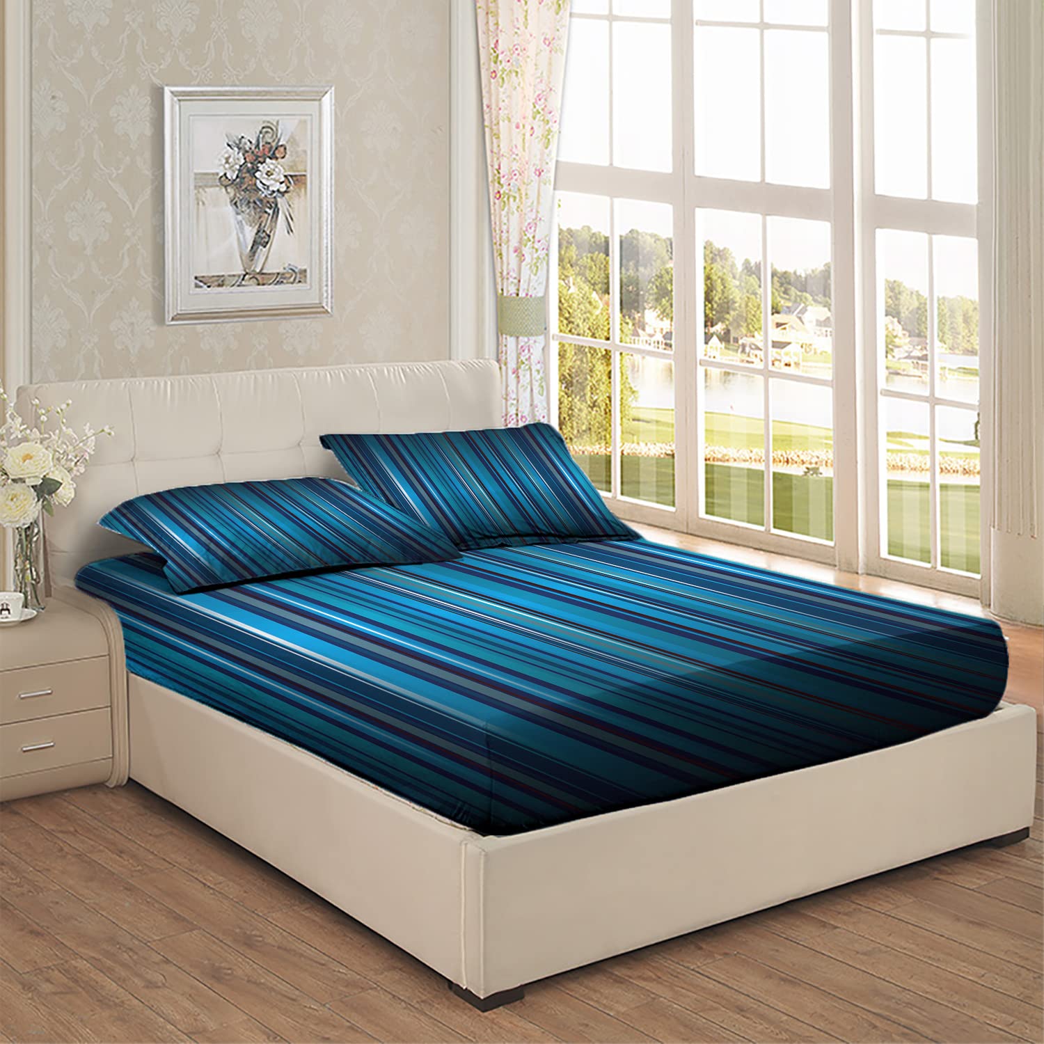 Gradient Blue Stripes Twin/Twin XL Fitted Bed Sheets - Ultra Soft & Breathable 2-Piece Bedding Set - Perfect Fit for Mattress - Navy Blue Decorative Printed Sheets for Cozy Bedroom Decor | Ideal for Dorm Rooms, Guest Bedrooms & Modern Home Styling