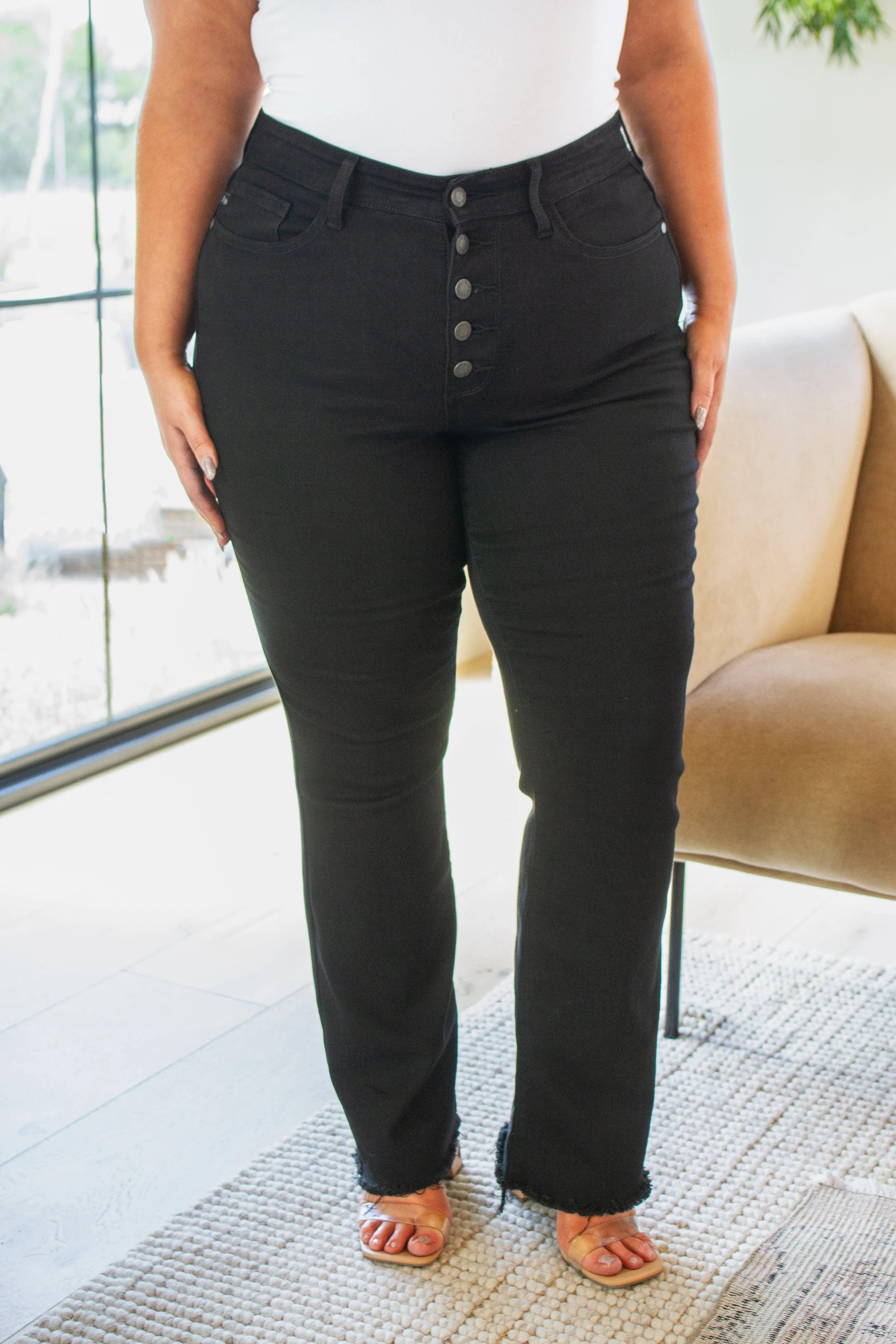 Harriet High Rise Button Fly Bootcut Jeans for Women - Classic Black Denim Pants for Casual Wear & Office Outfits