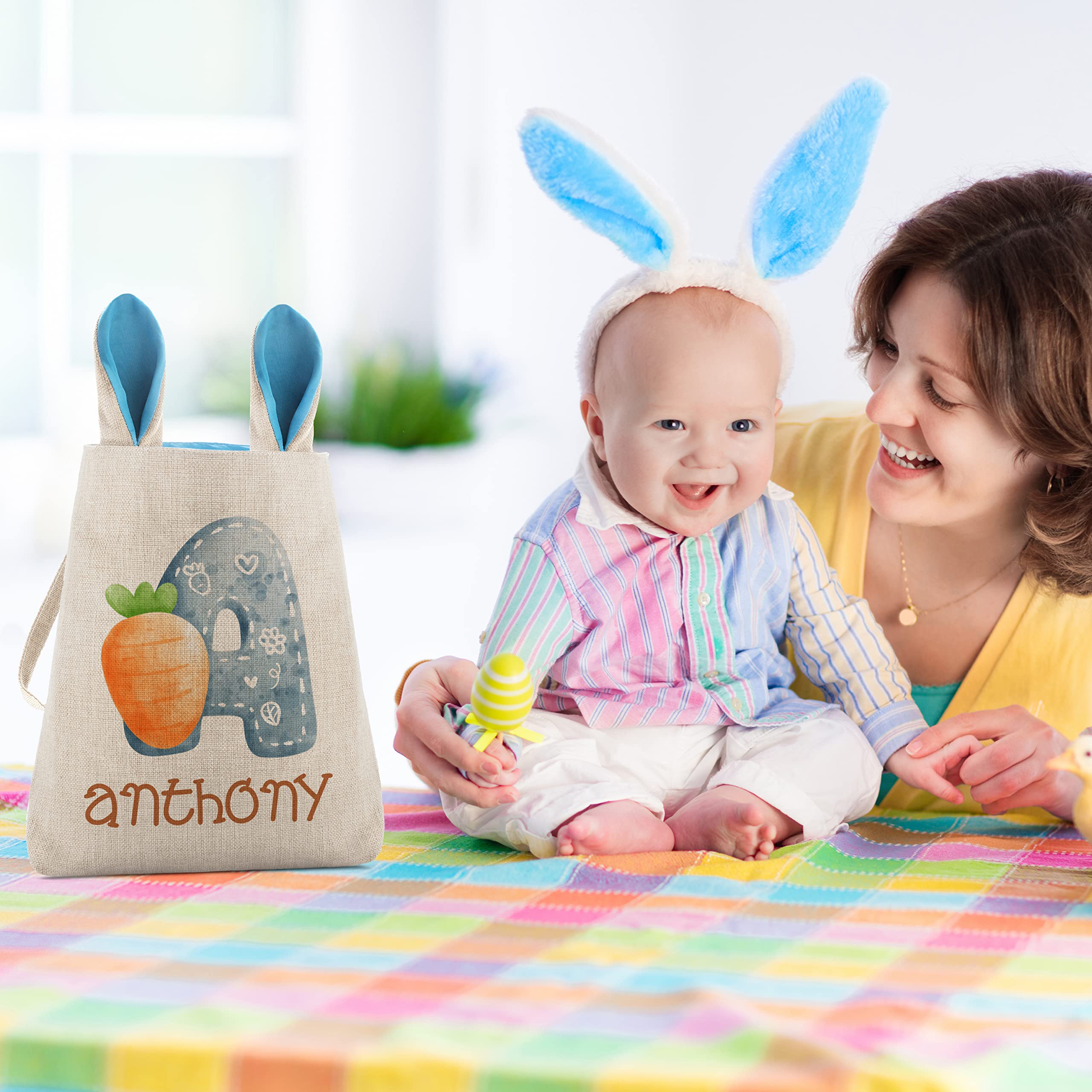 Personalized Easter Baskets for Boys & Girls - Set of 2 Custom Bunny Ear Tote Bags with Name & Initial (Pink/Blue) - Easter Egg Hunt Baskets, Kids Easter Gift Bags, Candy Holder for Holiday Parties & Spring Celebrations