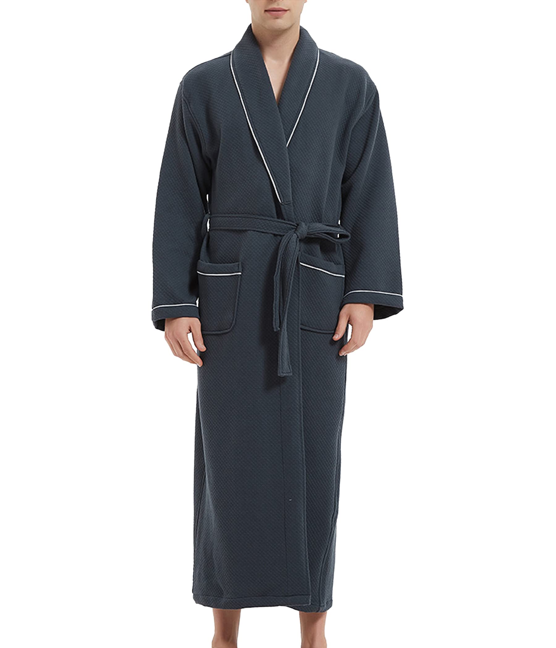 Men's Cotton Blend Waffle Bathrobe - Soft V-Neck Long Sleeve Kimono Robe for Spa, Lounge & Home Relaxation | Water Absorbing Nightgown for Comfortable Sleep & Morning Wear