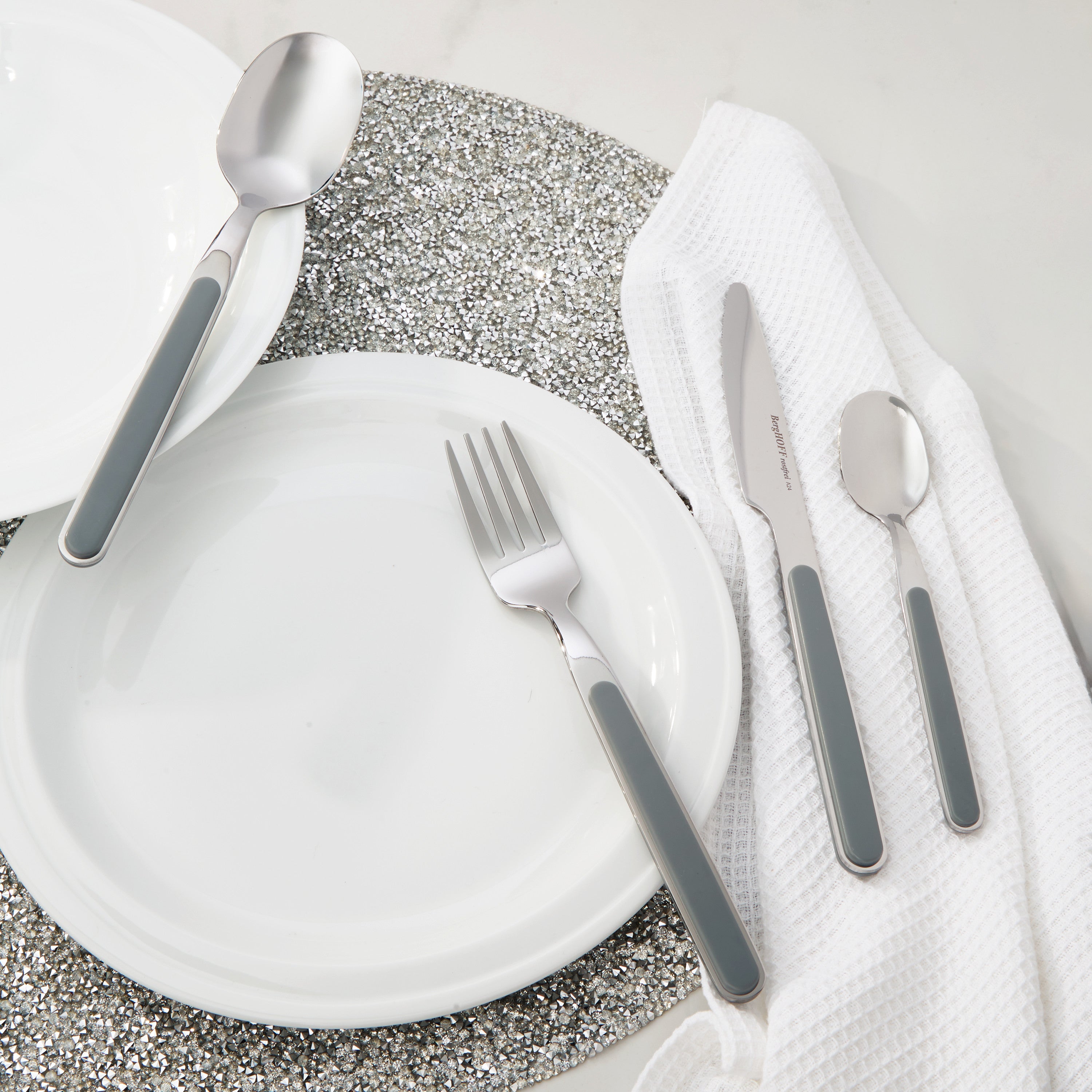 BergHOFF Leo Balance 24-Piece Stainless Steel Flatware Set in Moonmist - Elegant Dinnerware for Formal Dining, Wedding Gifts & Home Entertaining
