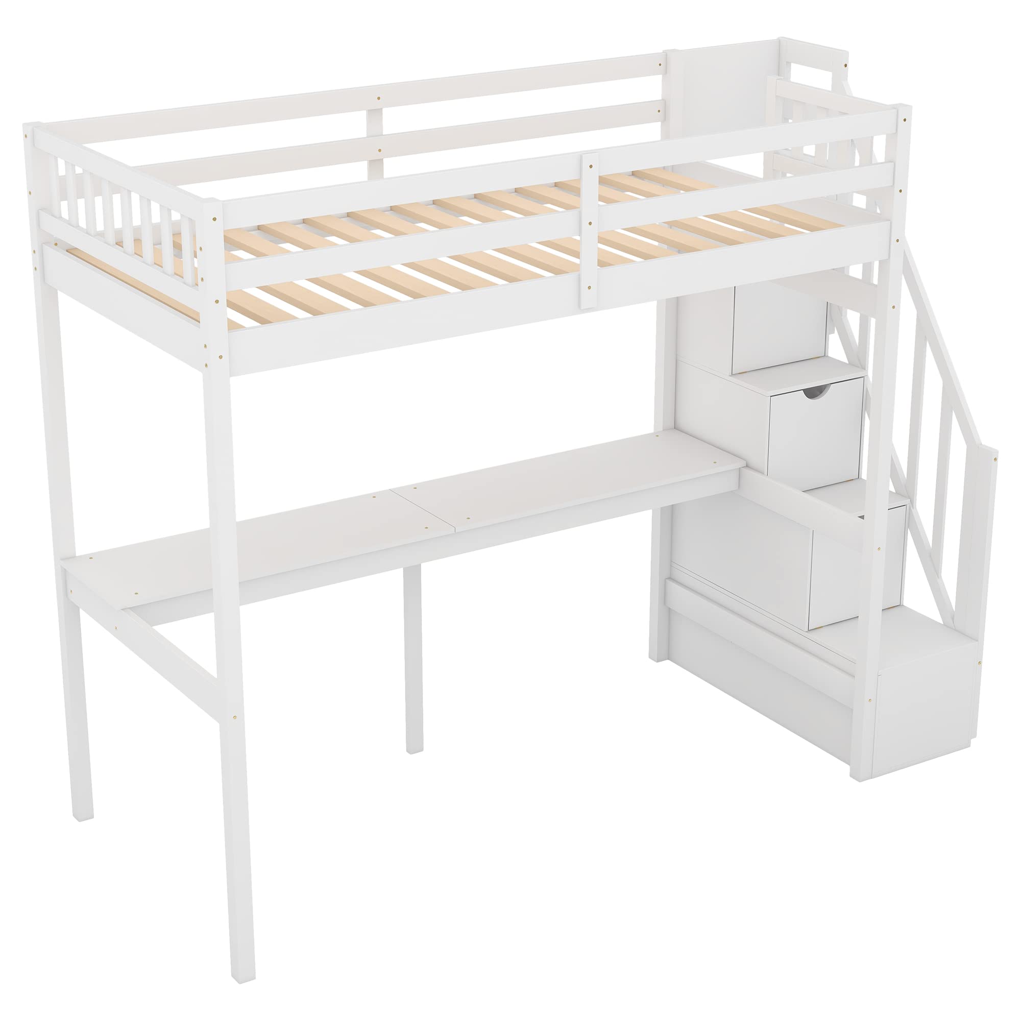 **MERITLINE Twin Loft Bed with Desk & Stairs - Wooden Loft Bed with Storage for Kids, Girls & Boys - Space-Saving Bedroom & Dorm Furniture (White, Twin Size) - Perfect for Small Rooms, Apartments & Shared Spaces**