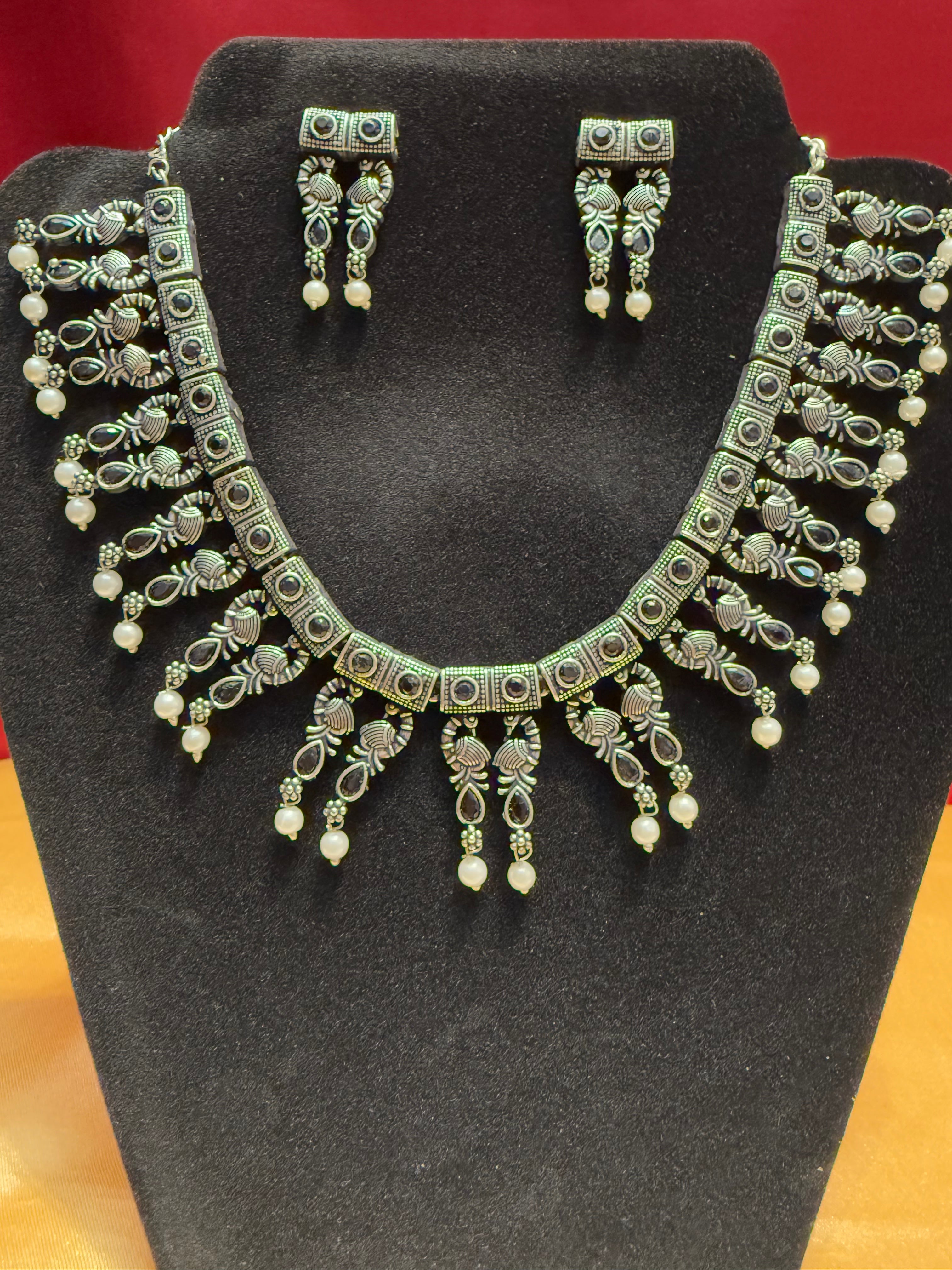 Elegant Black Oxidized Pearl Drop Necklace & Earrings Set - Perfect for Evening Parties, Weddings & Special Occasions