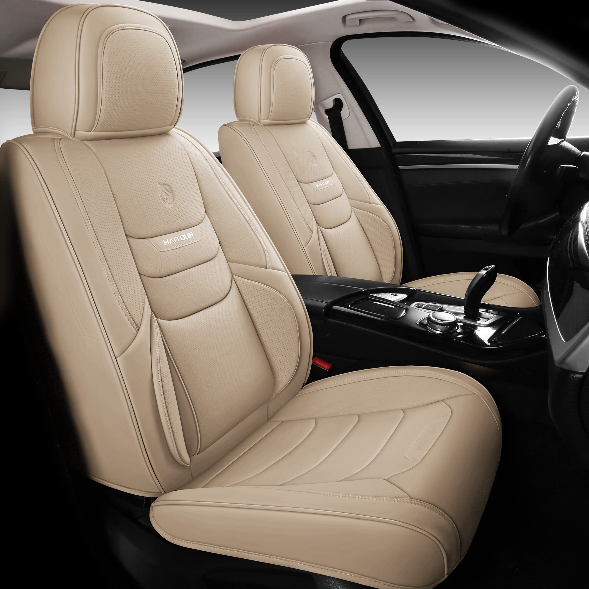 Premium Universal Fit Full Coverage Leather Car Seat Covers - Waterproof Luxury Protector for Sedans, Trucks & SUVs (2-Seat Set, Beige) - Perfect for Daily Commute, Road Trips & Family Travel