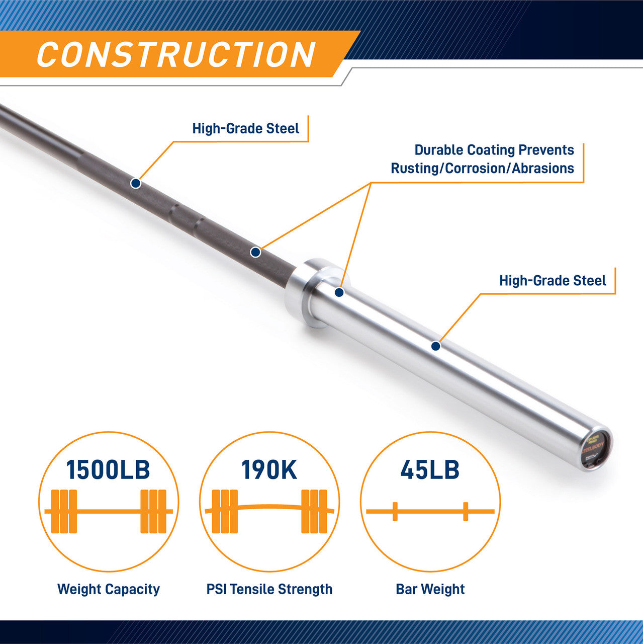 Black Chrome 45lb Olympic Barbell - Professional Weightlifting Bar for CrossFit, Powerlifting & Home Gym | SteelBody STB 1606BKC | Perfect for Strength Training & Competition