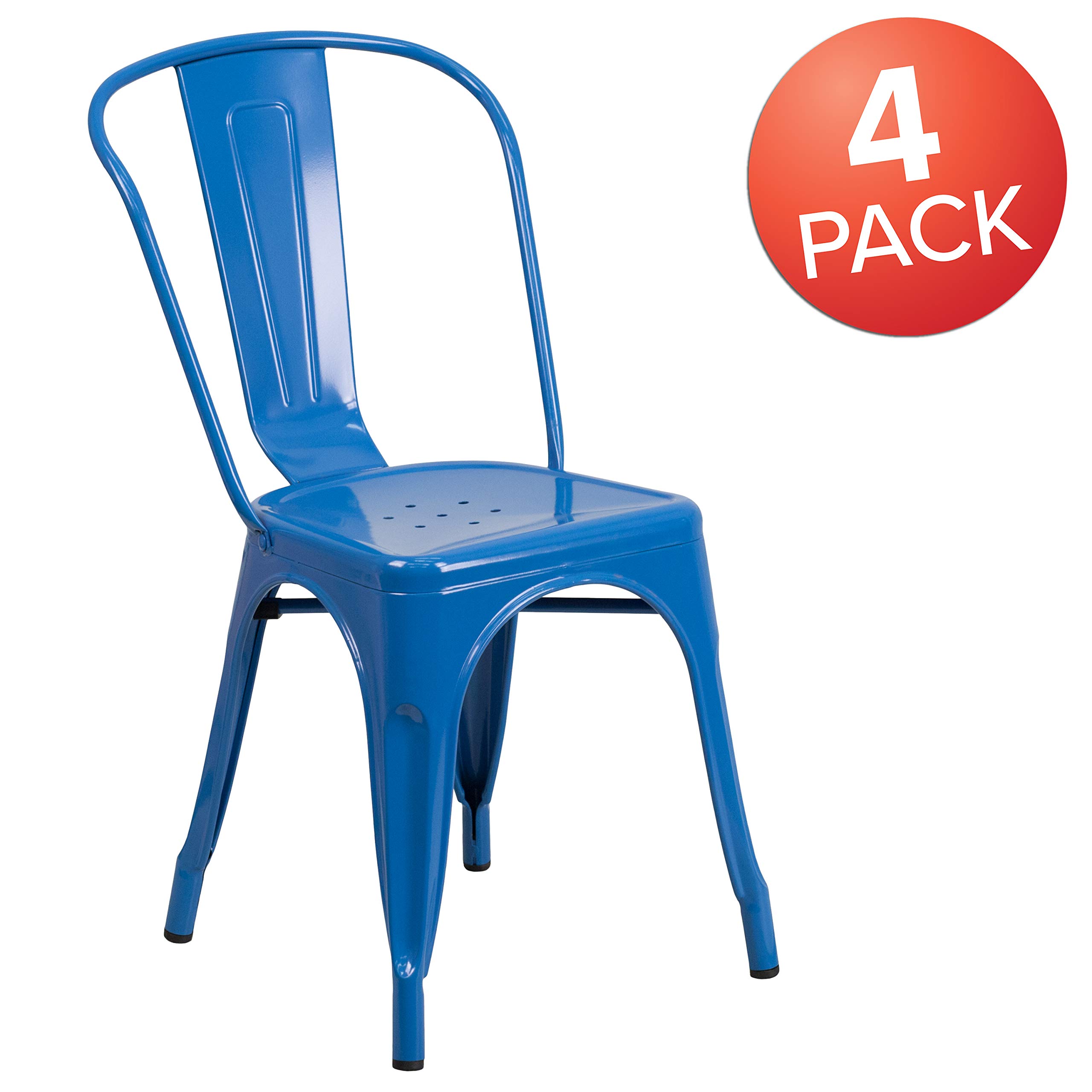 4 Pack Blue Metal Stackable Chairs for Indoor & Outdoor Use - Durable Bistro & Restaurant Chairs for Patio, Cafe, Garden, and Home Dining