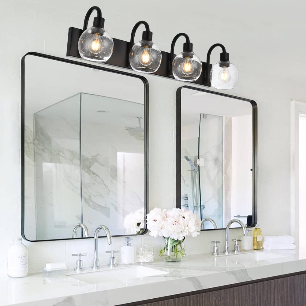 4-Lights Black Industrial Bathroom Vanity Light Fixtures with Seeded Glass Lampshades - Over Mirror Wall Lighting for Modern Bathroom & Powder Room Decor