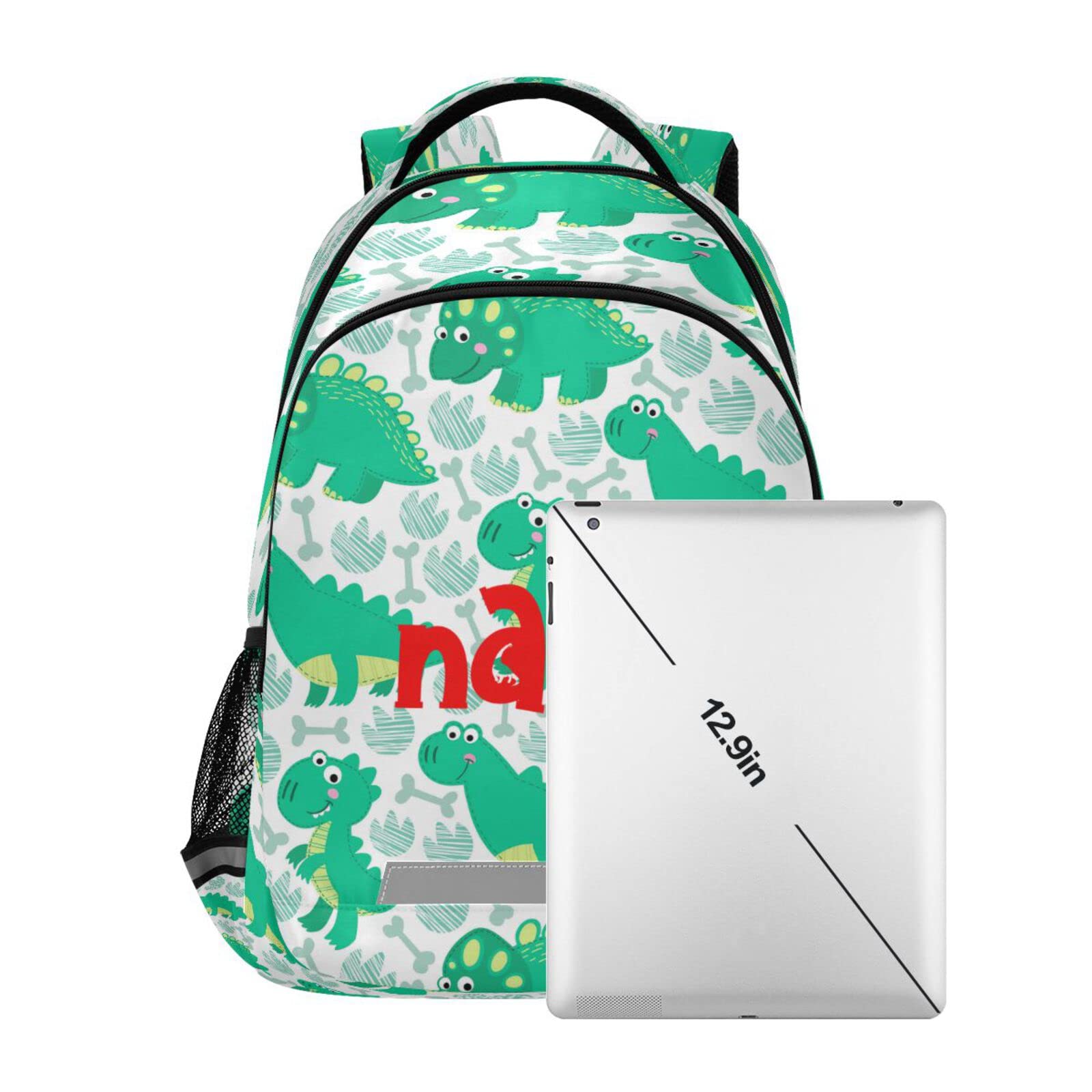 Custom Personalized Green Dinosaur Footprint Backpack - 16 Inch Laptop Bag with Double Zipper, Casual Daypack for School, Travel & Sports | Dino Bones Design Durable Backpack for Kids & Adults