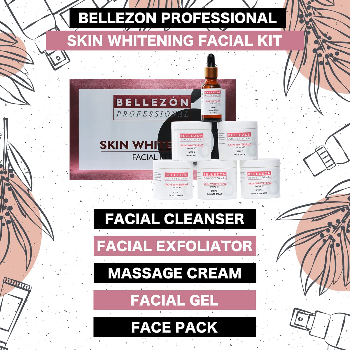Bellezon Professional Skin Whitening Facial Kit with Aloe Vera Modeling Rubber Mask - Brightening, Glowing Skin Care Set | Paraben Free | For Spa, Home Facial & Relaxation