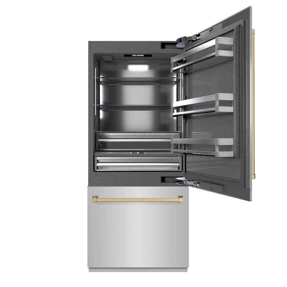 ZLINE Autograph Edition 36 Inch Built-In Bottom Freezer Refrigerator - 19.8 cu.ft Capacity, Stainless Steel with Graphite Gray Interior & Champagne Bronze Accents, Water Dispenser & Ice Maker - Perfect for Modern Kitchens & Open-Concept Homes (GRBITZ 304 36CB)