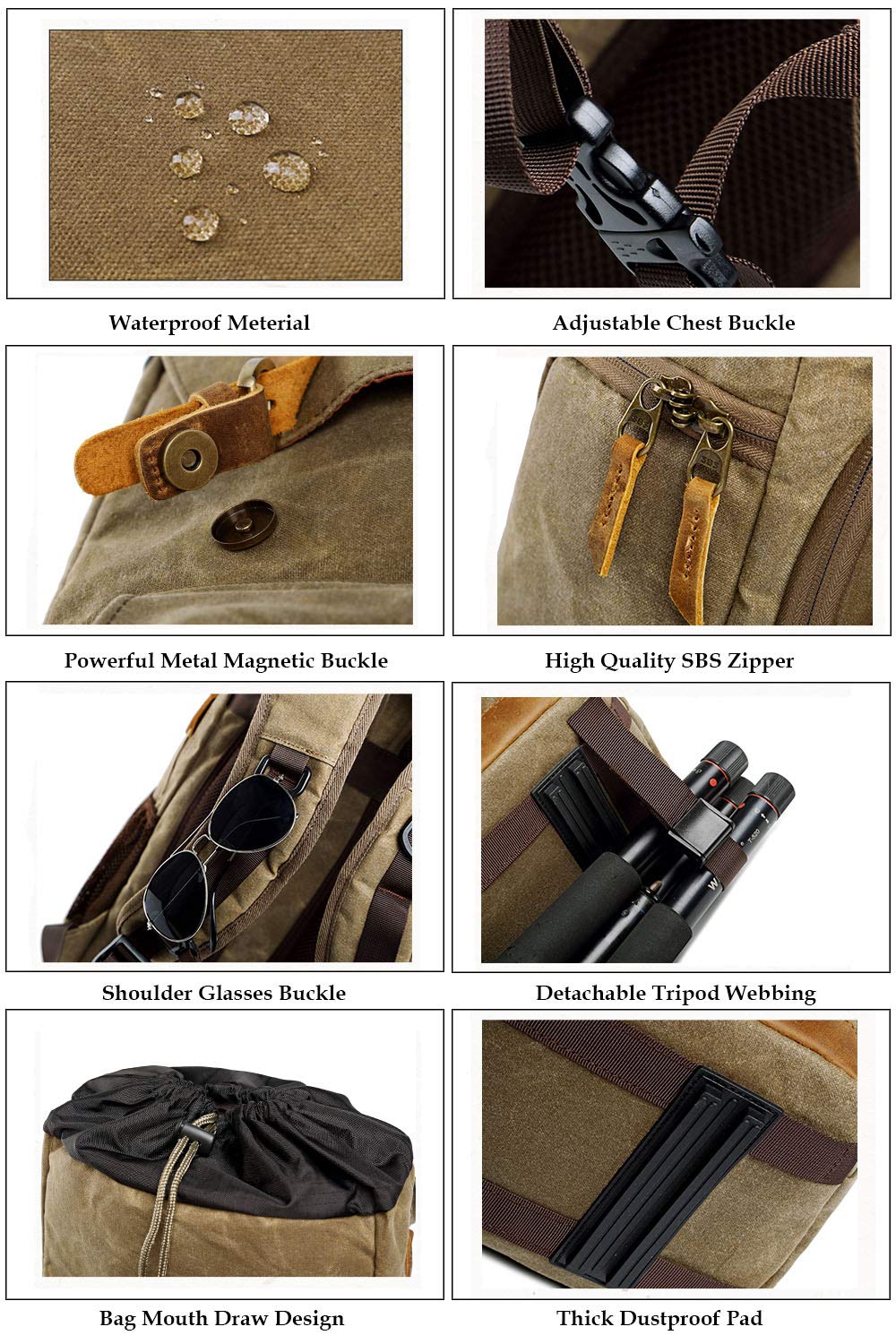 YUHAN Waterproof Canvas DSLR Camera Backpack - Large Capacity Anti-Shock SLR/DSLR Travel Bag with Front Open Access & Lens Organizer (Khaki) - Perfect for Photography Trips, Hiking & Outdoor Adventures