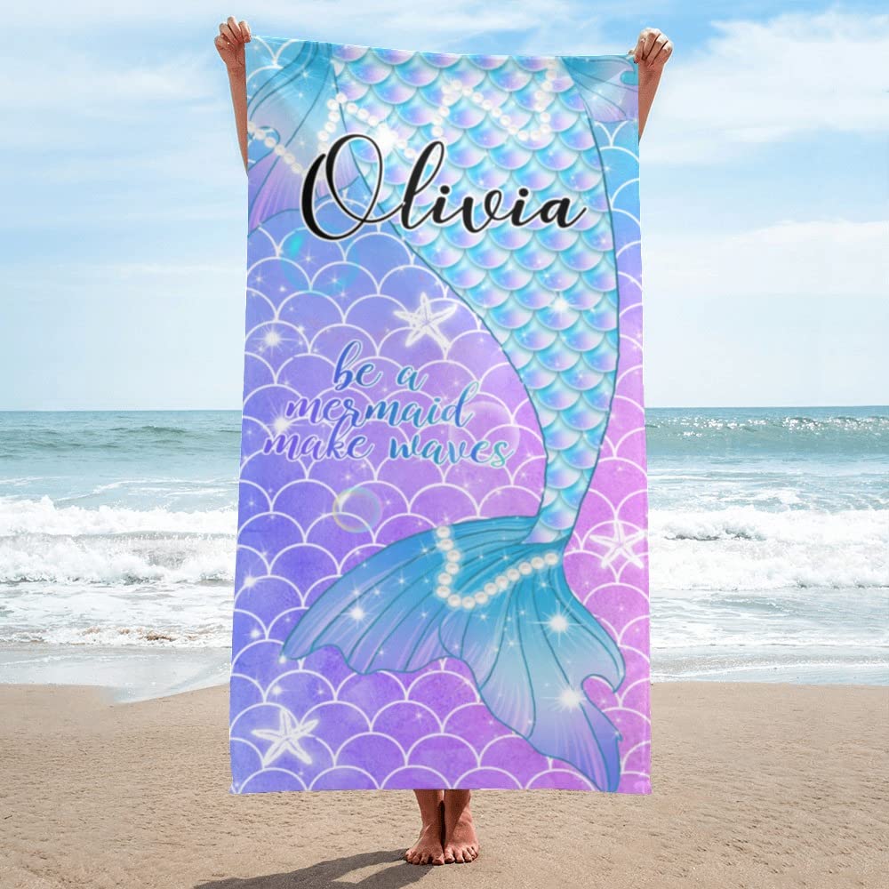 Custom Personalized Mermaid Beach Towel for Kids & Girls - Embroidered Name Mermaid Tail Towel (Black) | Perfect for Pool, Beach, Vacation & Summer Gifts
