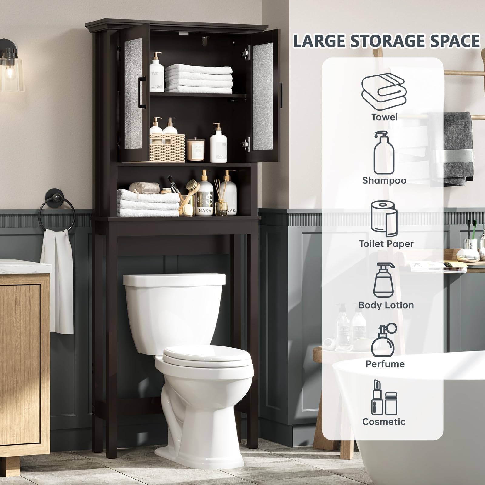 Over The Toilet Storage Cabinet with Glass Doors & Adjustable Shelf - Thick Frame Bathroom Organizer for Above/Behind Toilet - Espresso Finish - Perfect for Small Bathrooms, Apartments & Space-Saving Storage Solutions