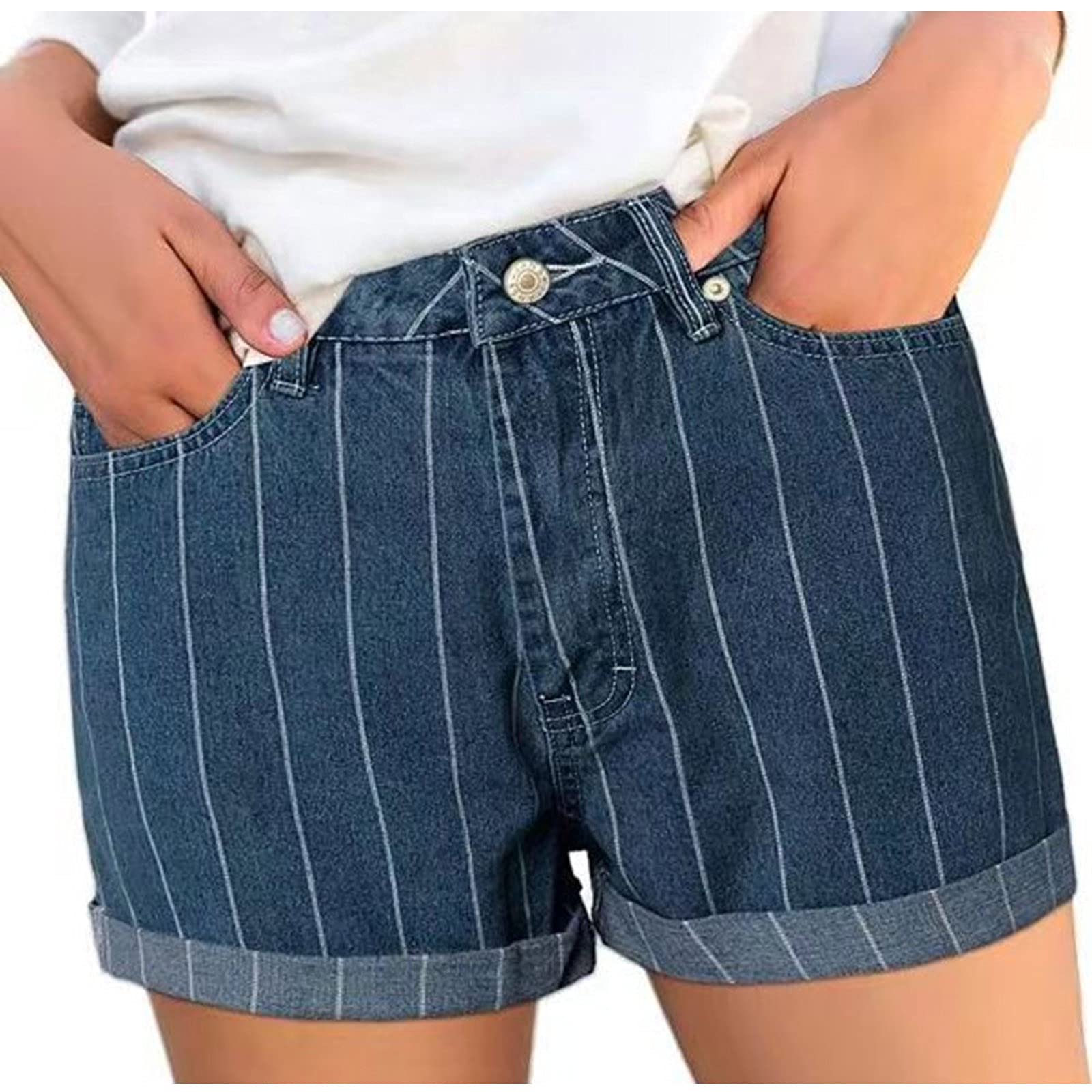 HUERTOP Women's Yoga Shorts - Stretch Denim Shorts with Pockets, Zipper & Fringe Details | Comfortable Pink Printed High-Waisted Jean Shorts for Yoga, Gym, Running & Summer Outfits