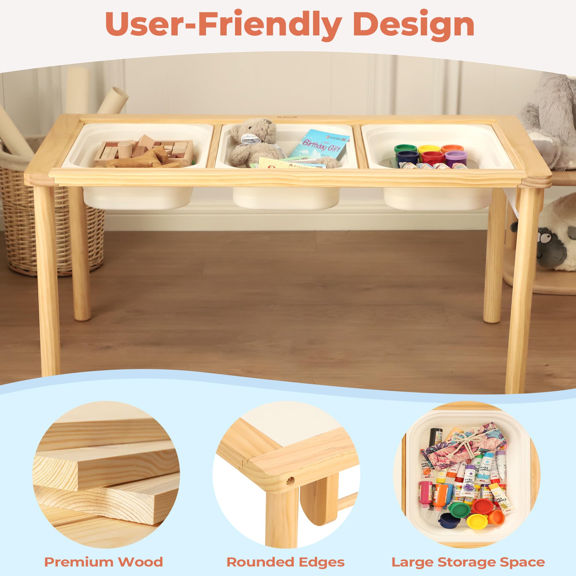 **Foldable Sensory Table for Kids - 3 Storage Bins, Double-Side Board & Paper Roll Dispenser - Wooden Sand & Water Play Table for Indoor & Outdoor Use - Perfect for Playrooms, Daycares, and Backyard Fun**