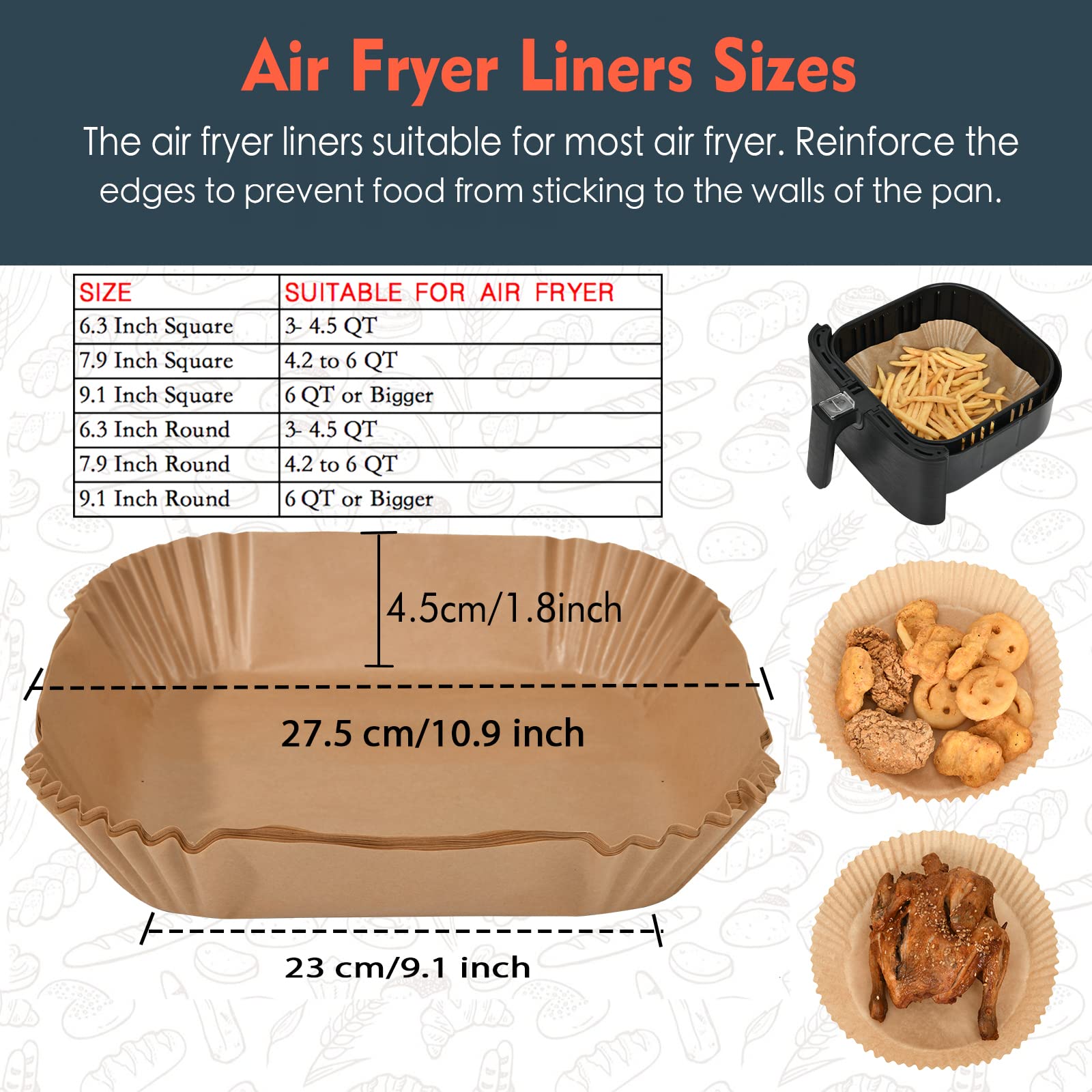 3-Size Disposable Air Fryer Paper Liners for COSORI Air Fryer Toaster Oven - 100Pcs Non-Stick Parchment Baking Sheets (9.1 Inch Square, Natural) - Perfect for Healthy Cooking & Easy Cleanup