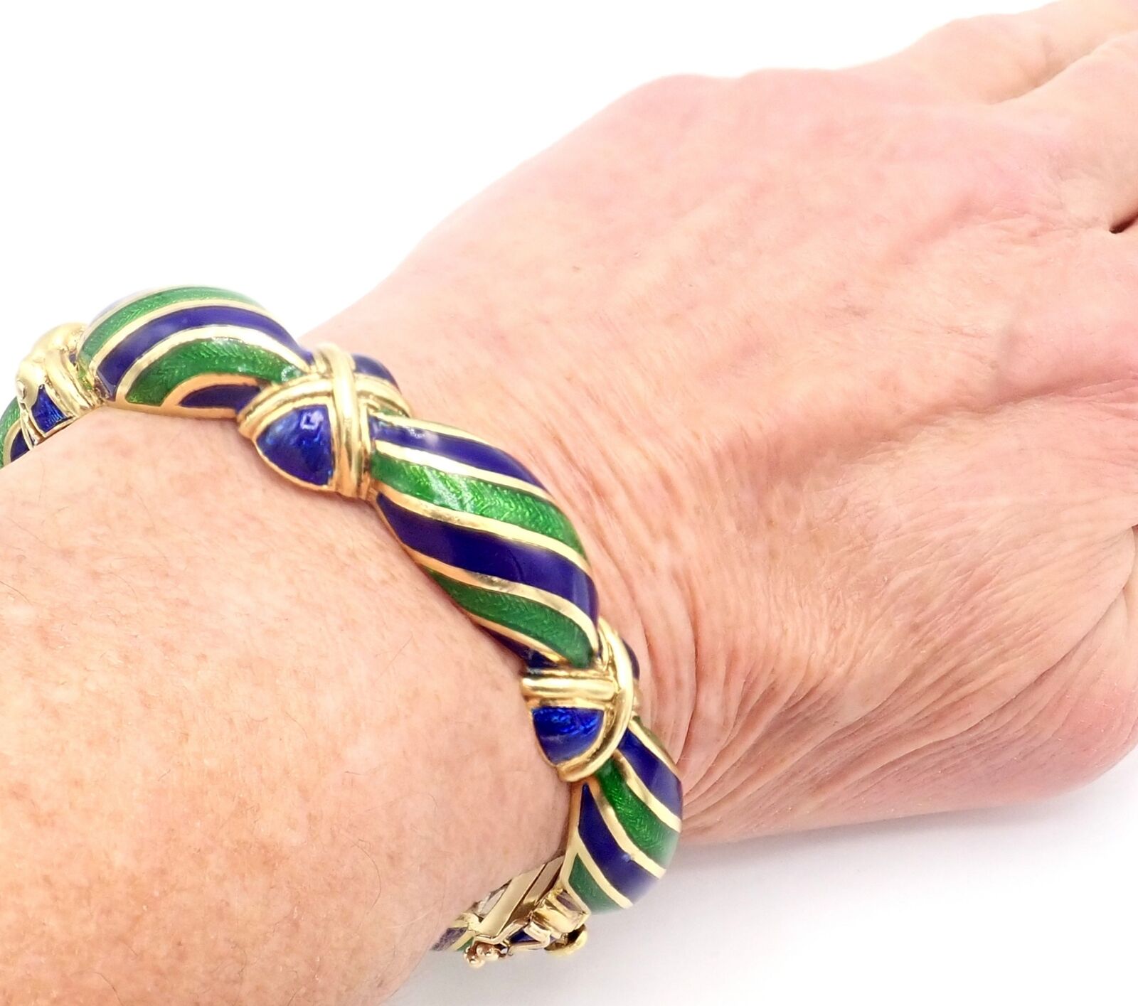 Authentic Vintage Tiffany & Co 18k Yellow Gold Enamel Bangle Bracelet with Green & Blue Design - Perfect for Weddings, Anniversaries & Luxury Gifts