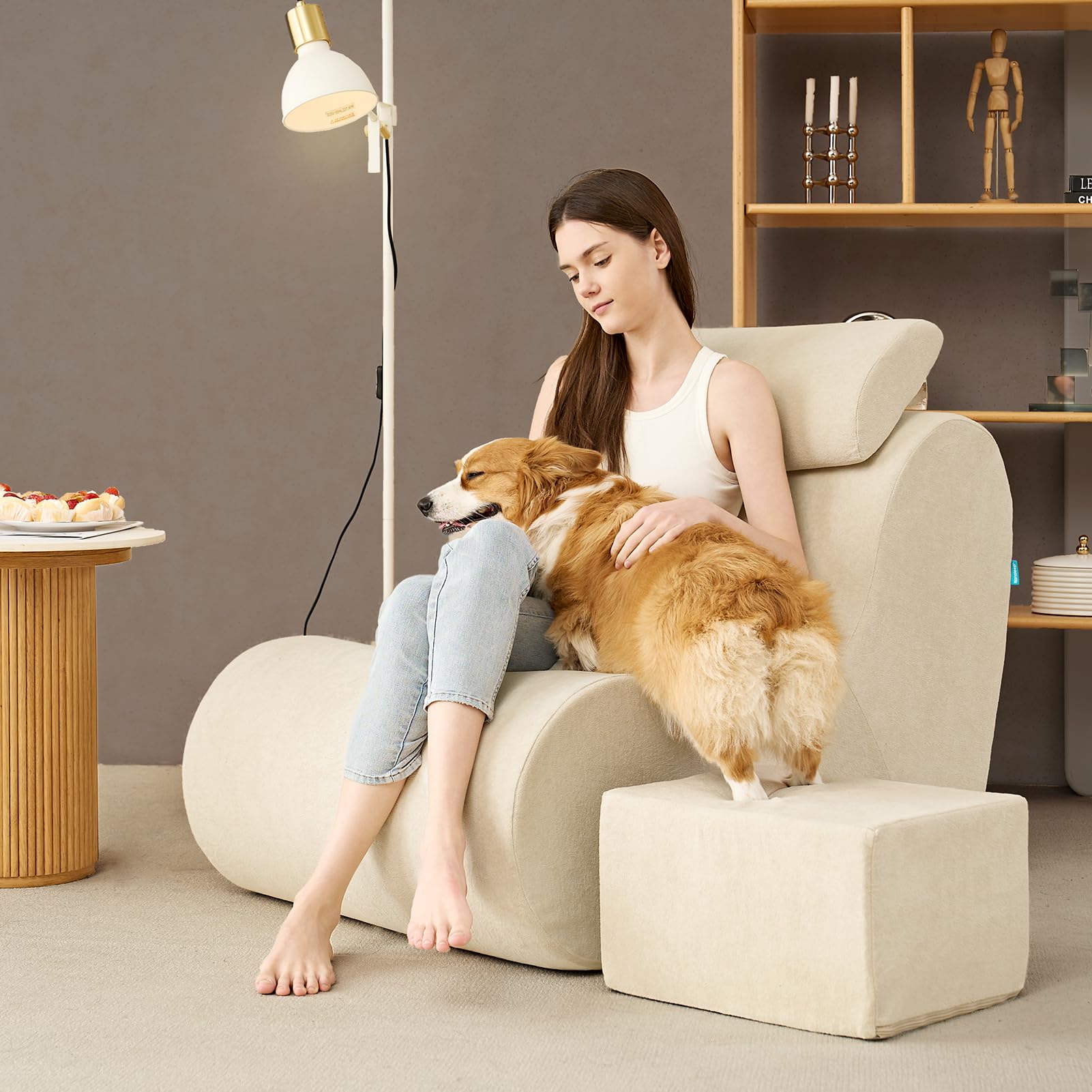 Hansleep Oversized Bean Bag Chair with Ottoman - High-Density Foam Lounge Chair with Lumbar Support, Soft Jacquard Fabric Floor Sofa for Adults - Perfect for Bedroom, Living Room, Reading Nook & Game Room - Beige Cozy Seating Solution