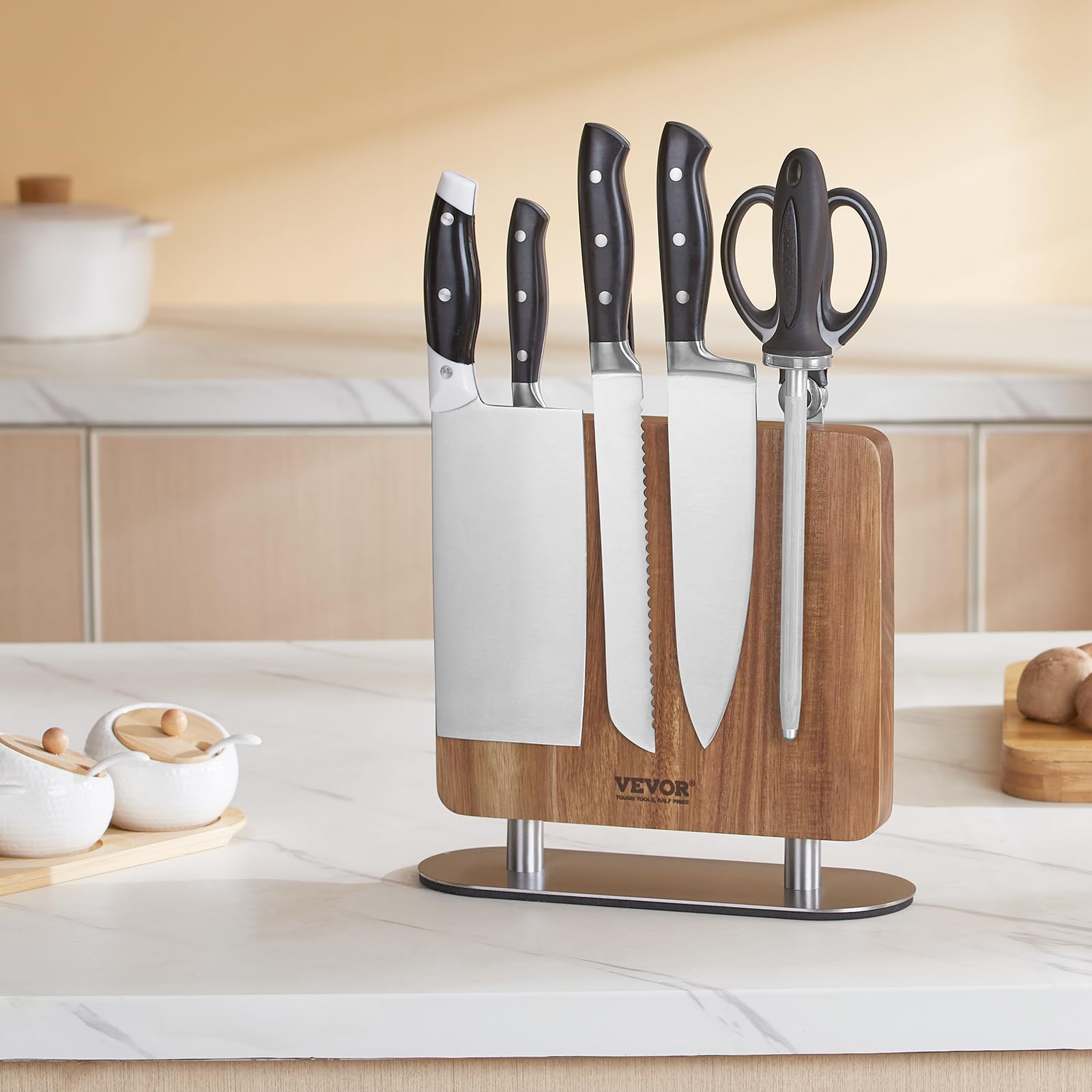 VEVOR 10-Inch Magnetic Knife Block - Double Sided Acacia Wood Knife Holder for Kitchen, Cutlery Display & Storage Organizer - Perfect Christmas Gift for Home Chefs & Cooking Enthusiasts (Great for Countertop Organization & Stylish Kitchen Decor)