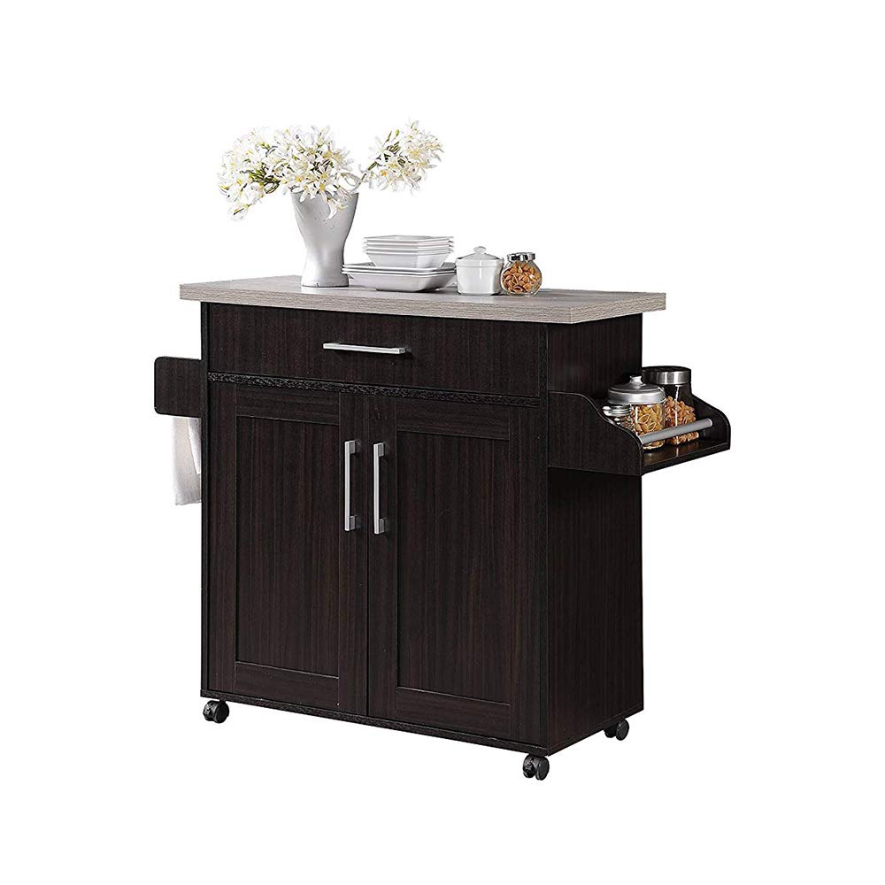 Hodedah Kitchen Island with Spice Rack, Towel Rack & Drawer - Chocolate Finish with Grey Top - Perfect for Small Kitchens, Pantry Organization & Extra Counter Space