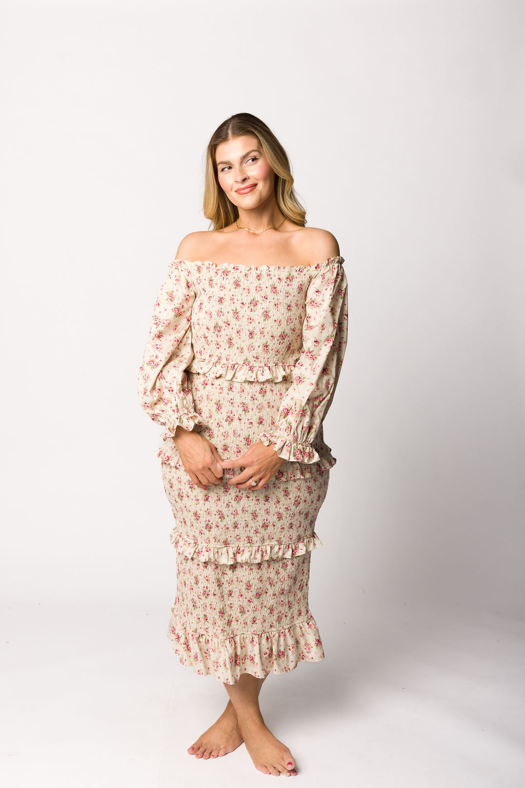 Lila Floral Printed Smocked Midi Dress in Pink | Bump Friendly Maternity Dress for Pregnancy | Perfect for Baby Showers, Bridal Events & Summer Outfits