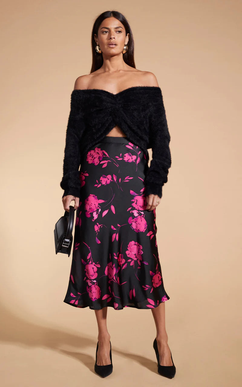 Lotus Floral Print Skirt - Pink on Black A-Line Skirt for Women | Perfect for Summer Outfits, Beach Vacations & Boho Fashion