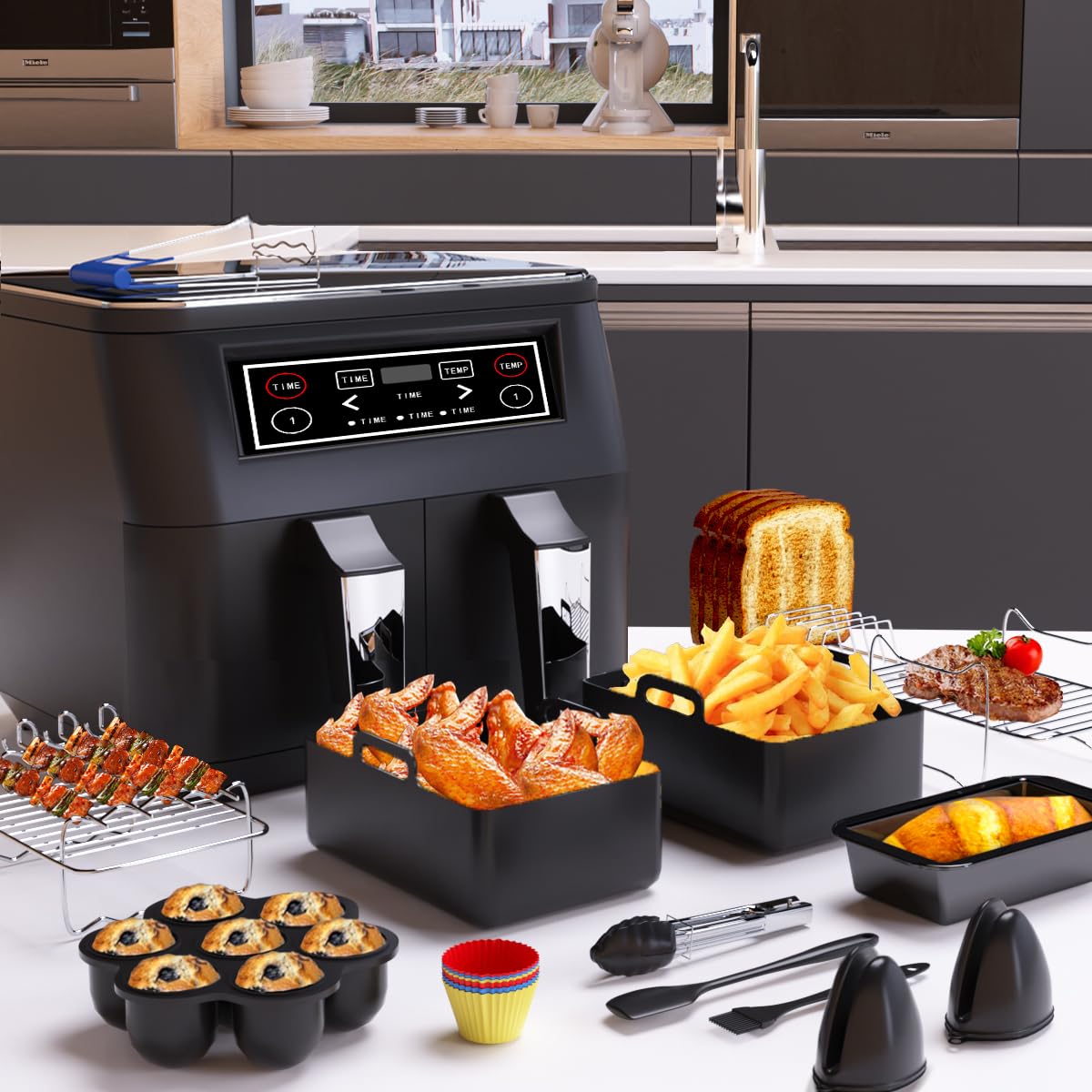 12-Piece Air Fryer Accessories Set Compatible with Ninja, Tower, Instant Vortex & Salter 7.6L-9.5L Dual Air Fryers - Includes Silicone Liners, Racks, Gloves, Bread Pan & Tools - Perfect for Healthy Frying, Baking & Meal Prep