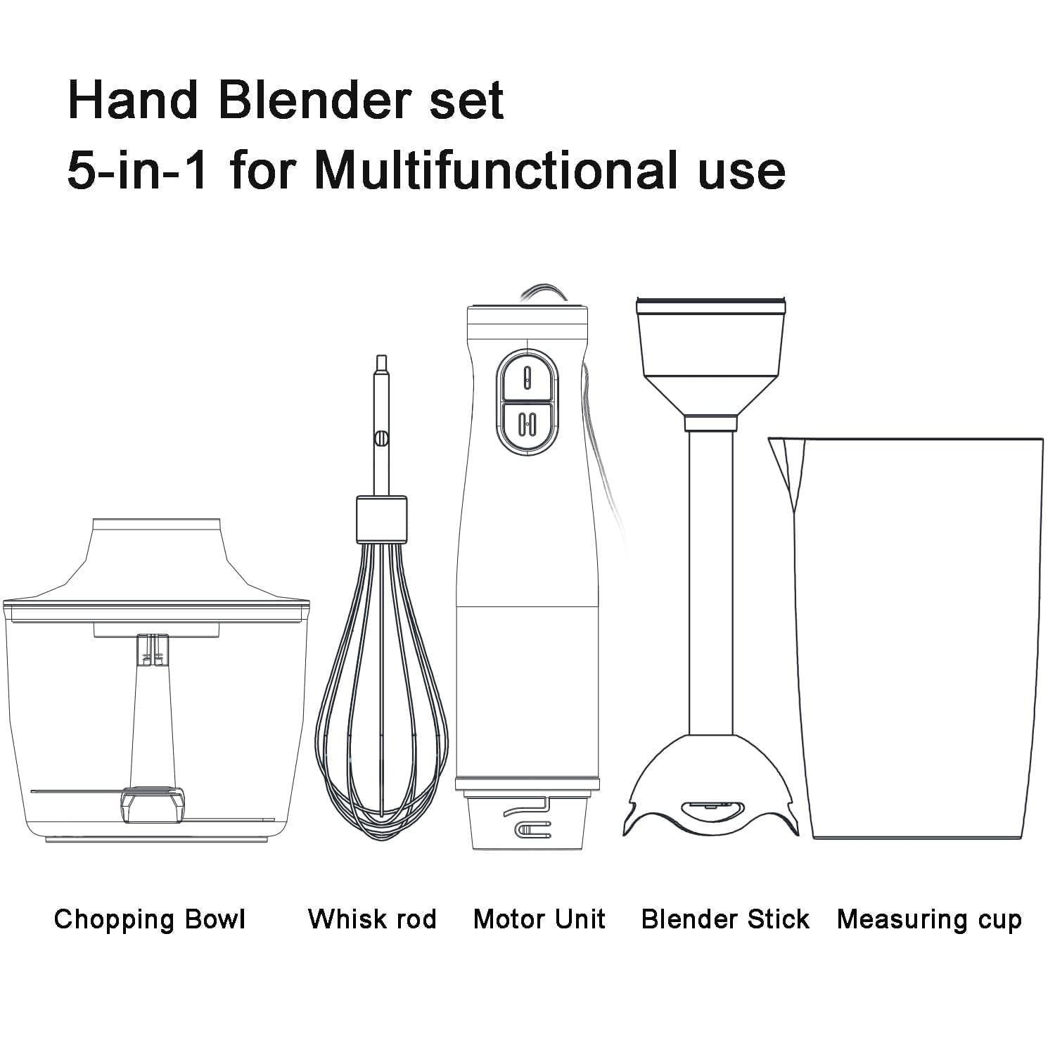 5-in-1 Immersion Blender Handheld Electric - 2-Speed Hand Blender with 16.9oz Food Chopper & 20.3oz Container - Perfect for Pureeing Infant Food, Making Smoothies, Sauces, Soups & Kitchen Mixing