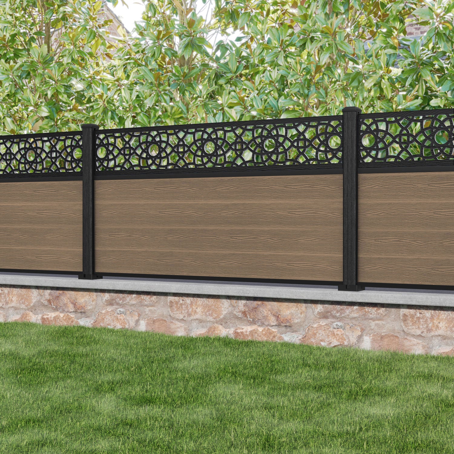 Premium Teak Classic Amber Fence Panel with Composite Posts - Durable Outdoor Privacy Fence for Garden, Patio, and Backyard Landscaping