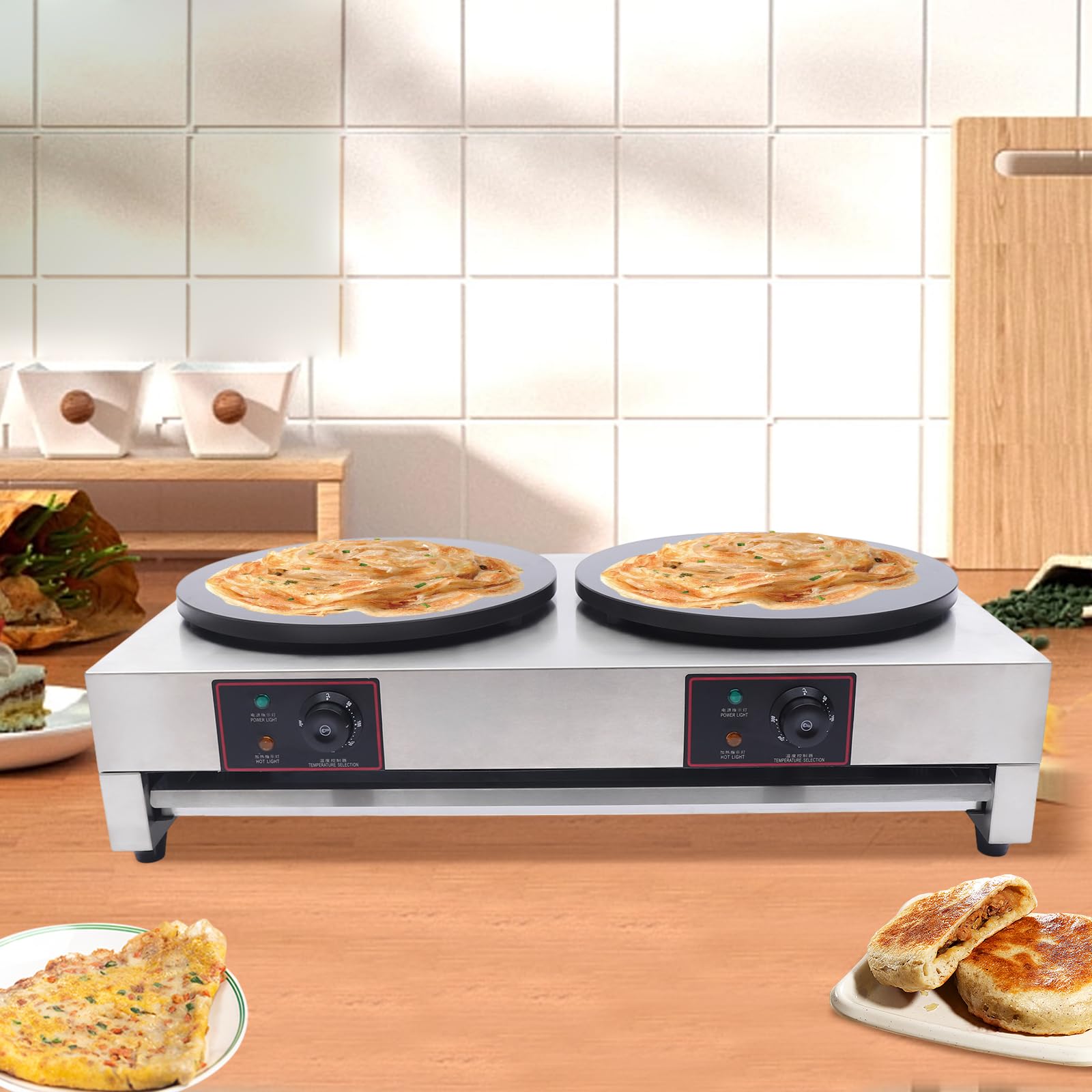 Commercial Electric Crepe Maker - 2-Burner Non-Stick Pancake Machine with Temperature Control, 3400W 110V for Restaurants, Cafes & Dessert Shops - Perfect for Making Crepes, Pancakes & Waffles at Home or Business