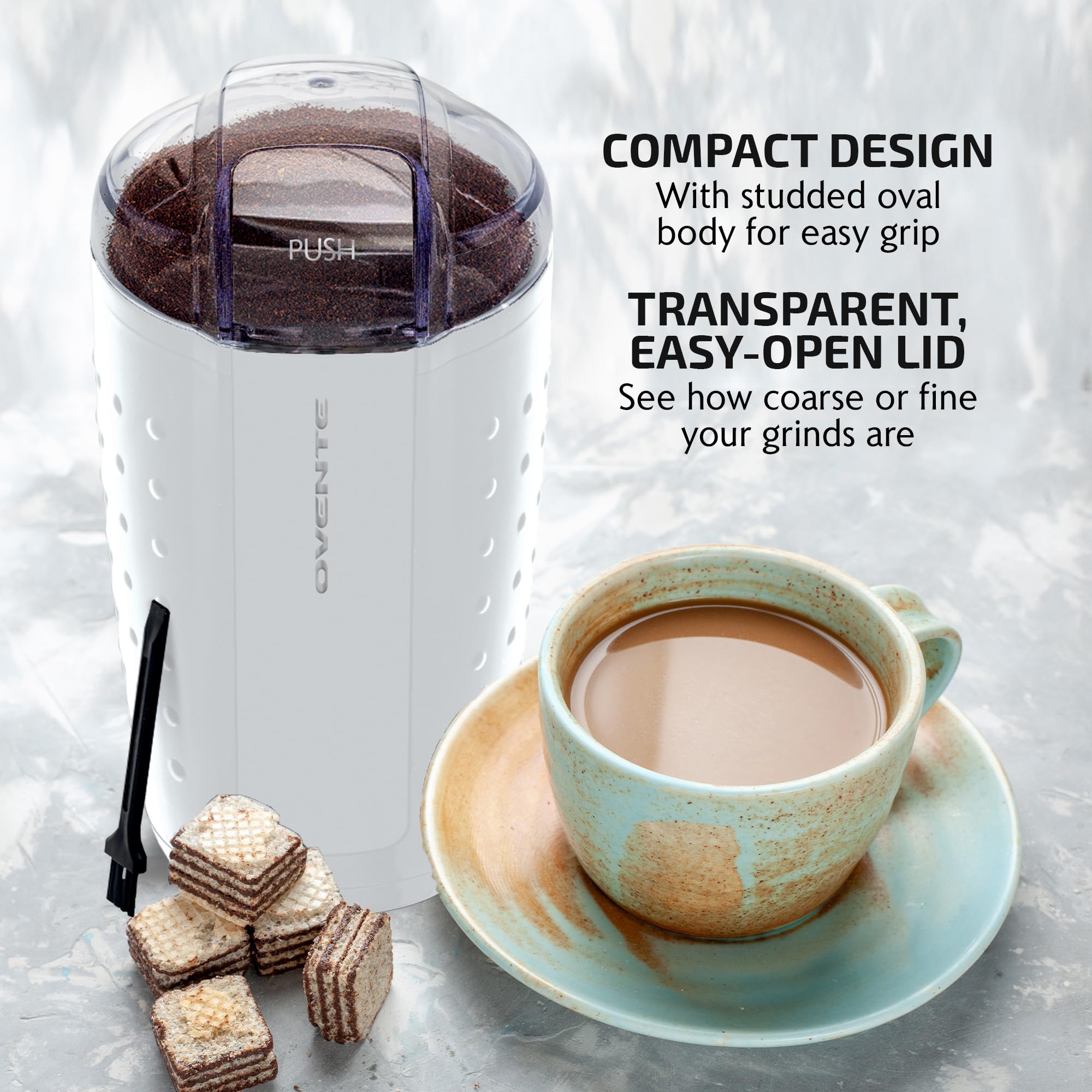OVENTE Electric Coffee Grinder for Beans, Spices & Herbs - 2.5Oz Compact Stainless Steel Blade Mill with Pulse Button & Clear Lid - Perfect for Fresh Coffee, Spice Blends & Cooking - White CG225W
