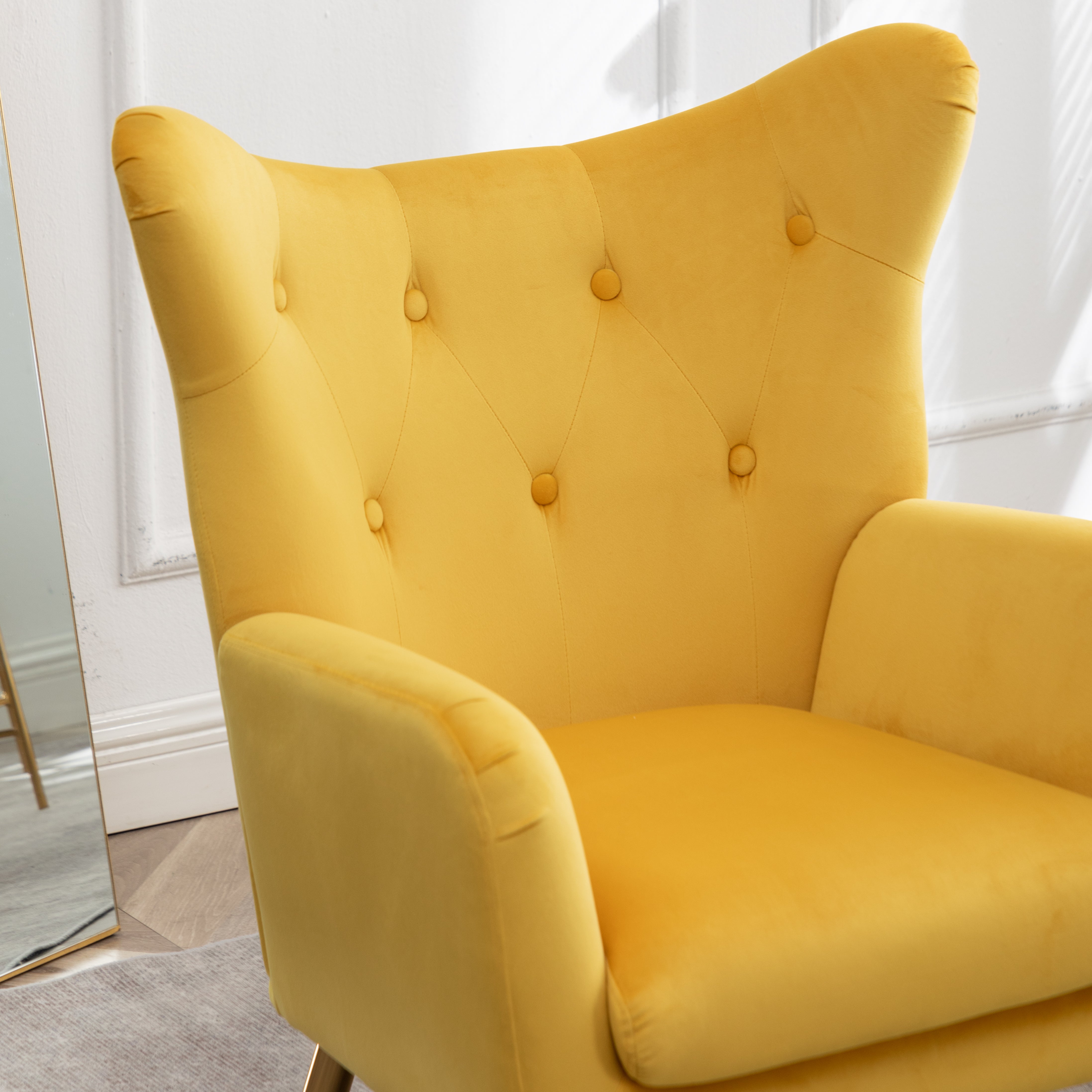 Roundhill Furniture Sovarol Velvet Button Tufted Wingback Accent Chair - Luxurious Yellow Velvet Upholstery for Living Room, Bedroom & Home Office Decor