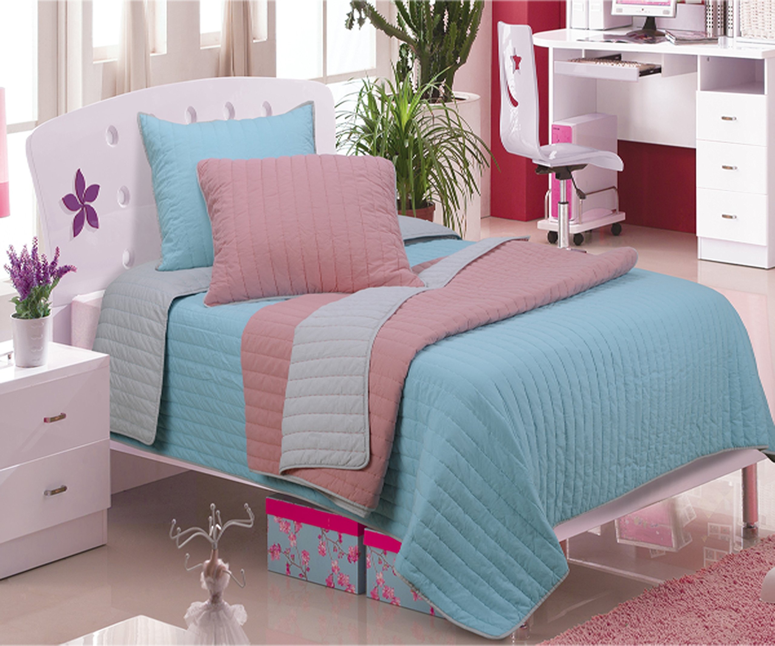 Luxury 2-Piece Vertical Quilt Set - 100% Pure Cotton, Machine Washable, Twin Size, Light Blue - Perfect for Guest Rooms, Dormitories & Cozy Bedroom Decor