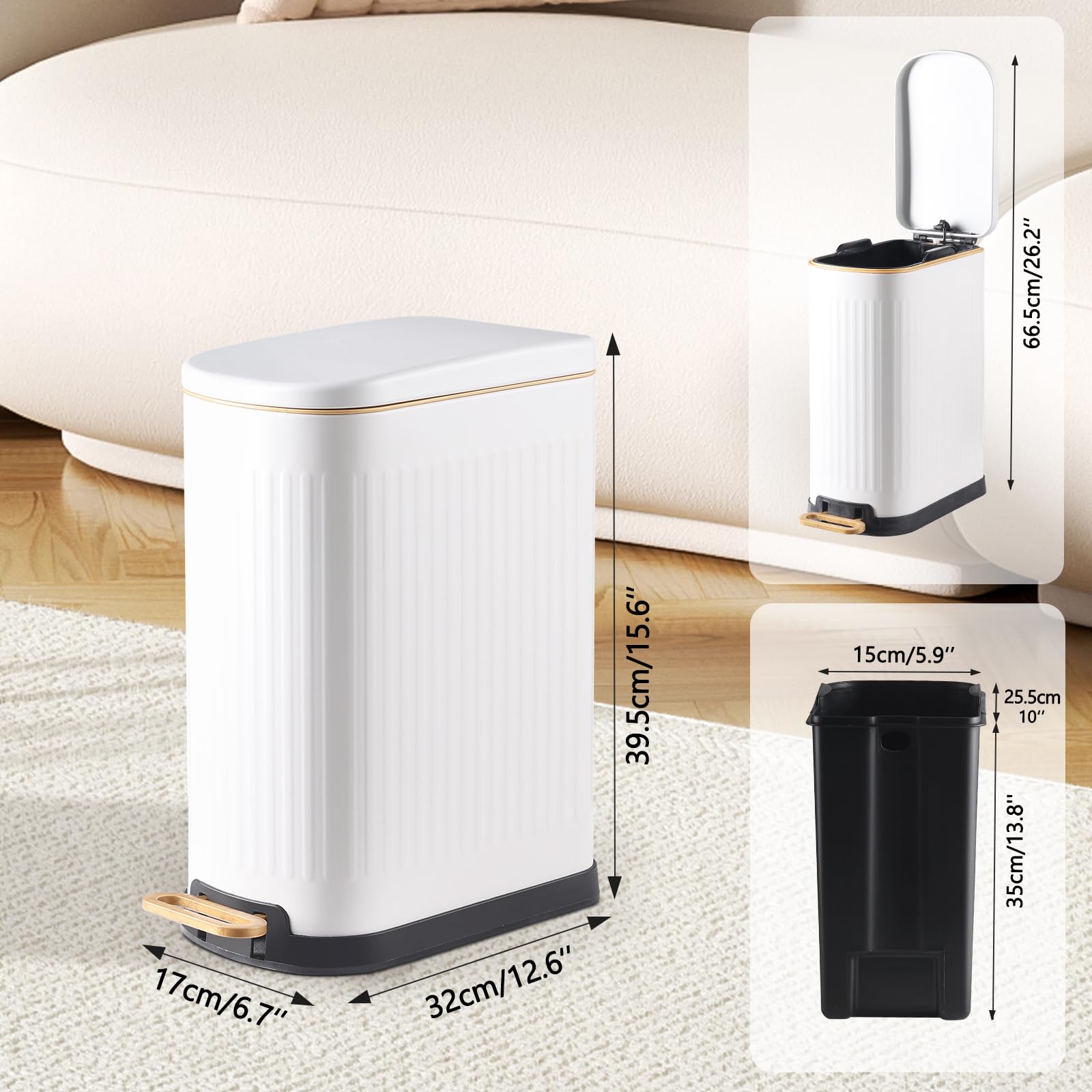 Slim Stainless Steel Bathroom Trash Can with Soft Close Lid - 3.5 Gallon Step Garbage Bin with Removable Inner Bucket - Perfect for Bathroom, Bedroom, Office & Kitchen (Matt White) - Space-Saving Design for Small Bathrooms & Modern Homes