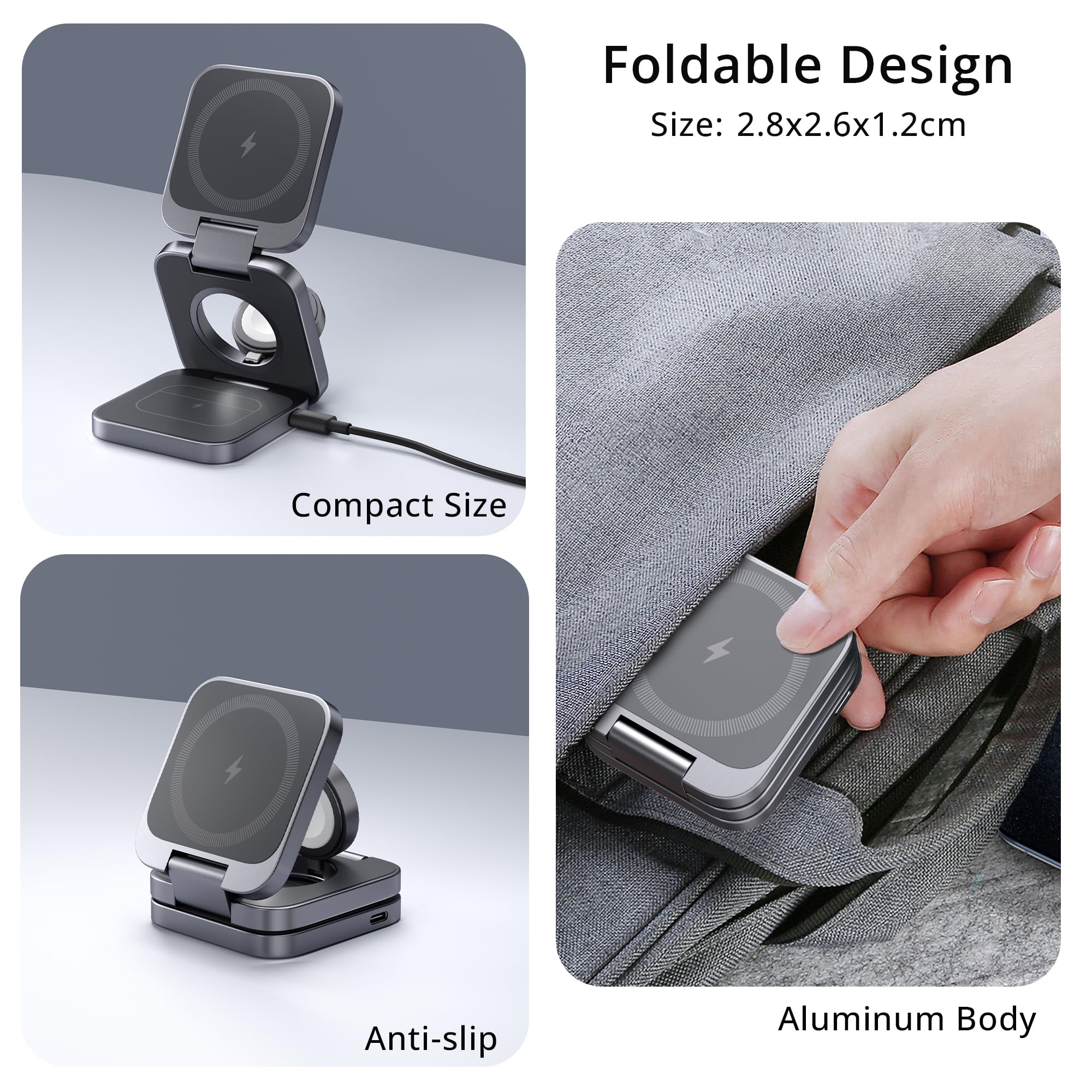 3-in-1 Wireless Charger Stand - LULULOOK 15W Magnetic Fast Charging Station for iPhone 16/15/14 Series, Apple Watch & AirPods | Aluminum Base with USB-C Cable | Perfect for Bedside, Office & Travel Charging