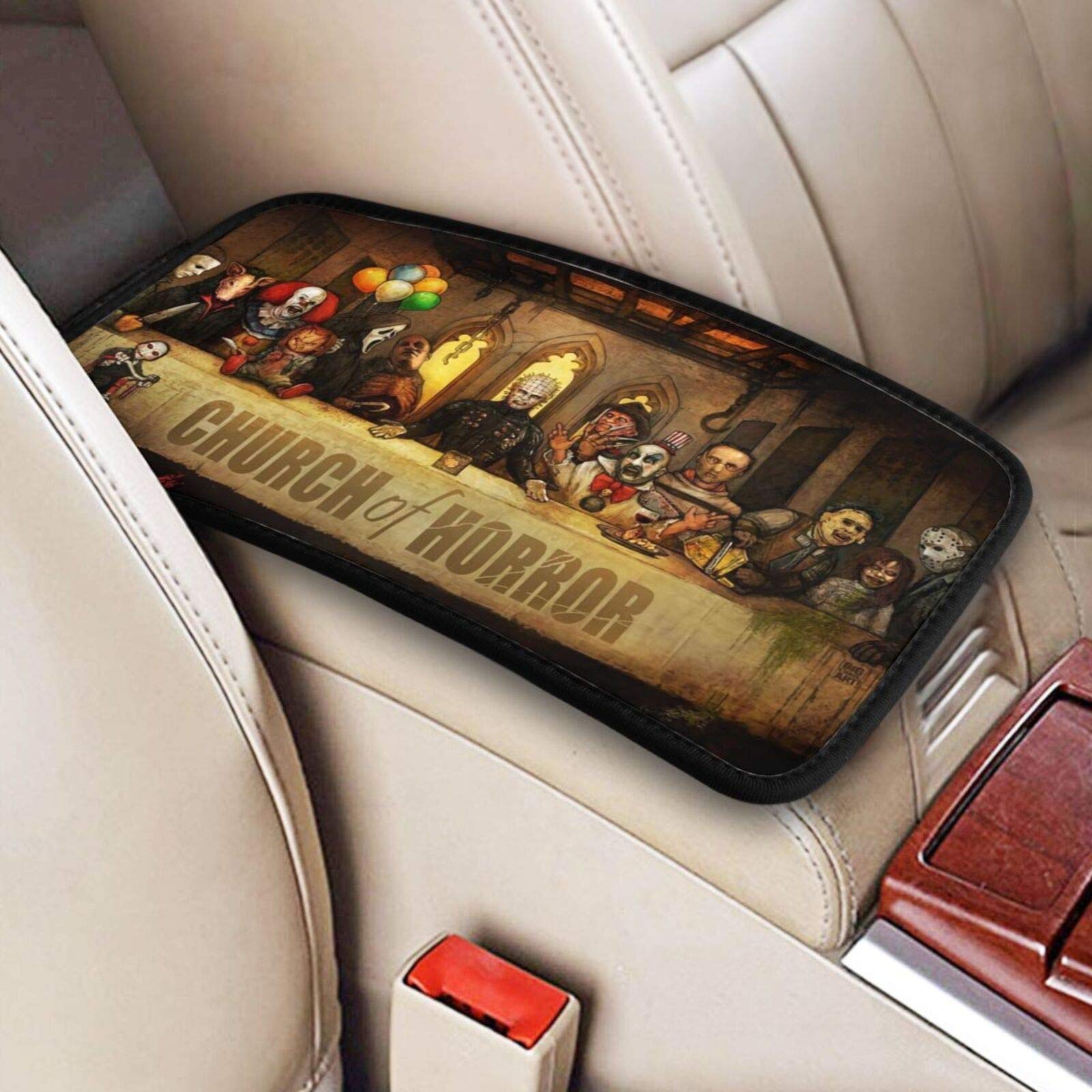 Horror Movie Characters Slashers Playing Poker Car Armrest Cover - Universal Fit Waterproof Auto Center Console Pad for SUV, Truck & Vehicle Accessories | Perfect for Road Trips & Long Drives