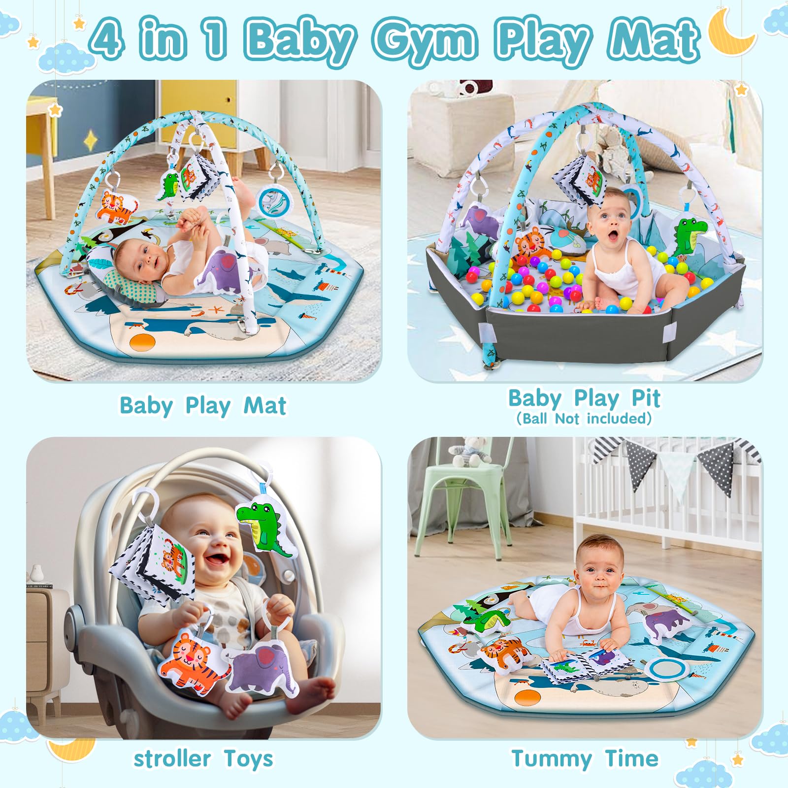 VZO 2-in-1 Baby Gym Play Mat & Ball Pit - Infant Activity Center for Tummy Time, Crawling & Learning | Soft Play Mat for Babies 0-12 Months | Perfect Nursery, Living Room & Daycare Floor Mat for Newborns, Infants & Toddlers