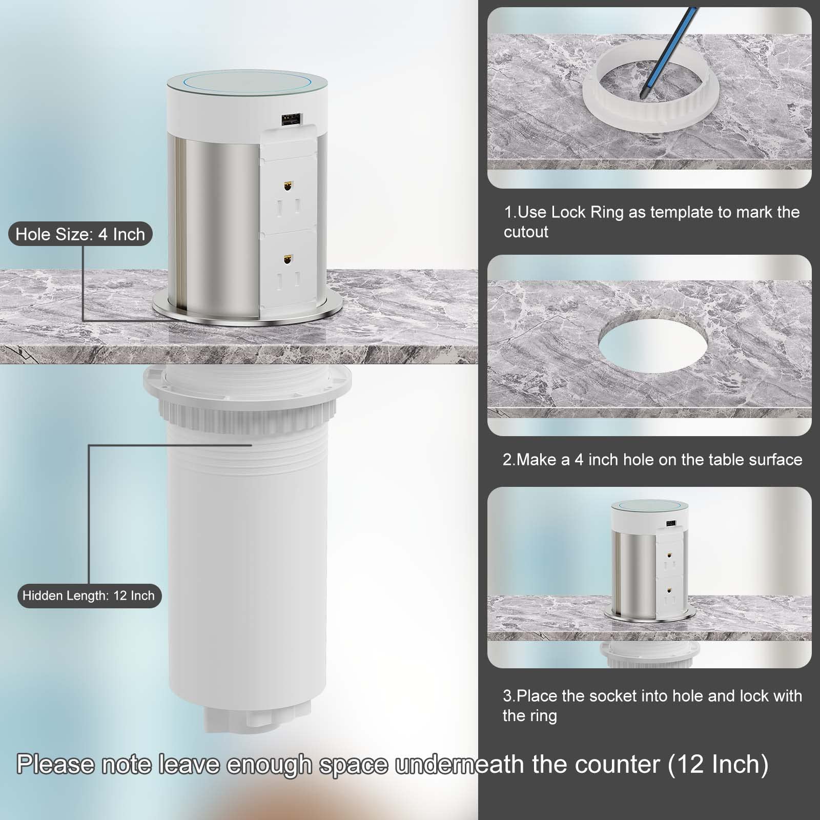 Pop Up Power Outlet with 5W Wireless Charger - 4 AC Outlets & 2 USB Ports - Hidden Countertop Charging Station for Kitchen, Office, Conference Room - ETL Certified - Perfect for Home, Workspace and Meeting Areas